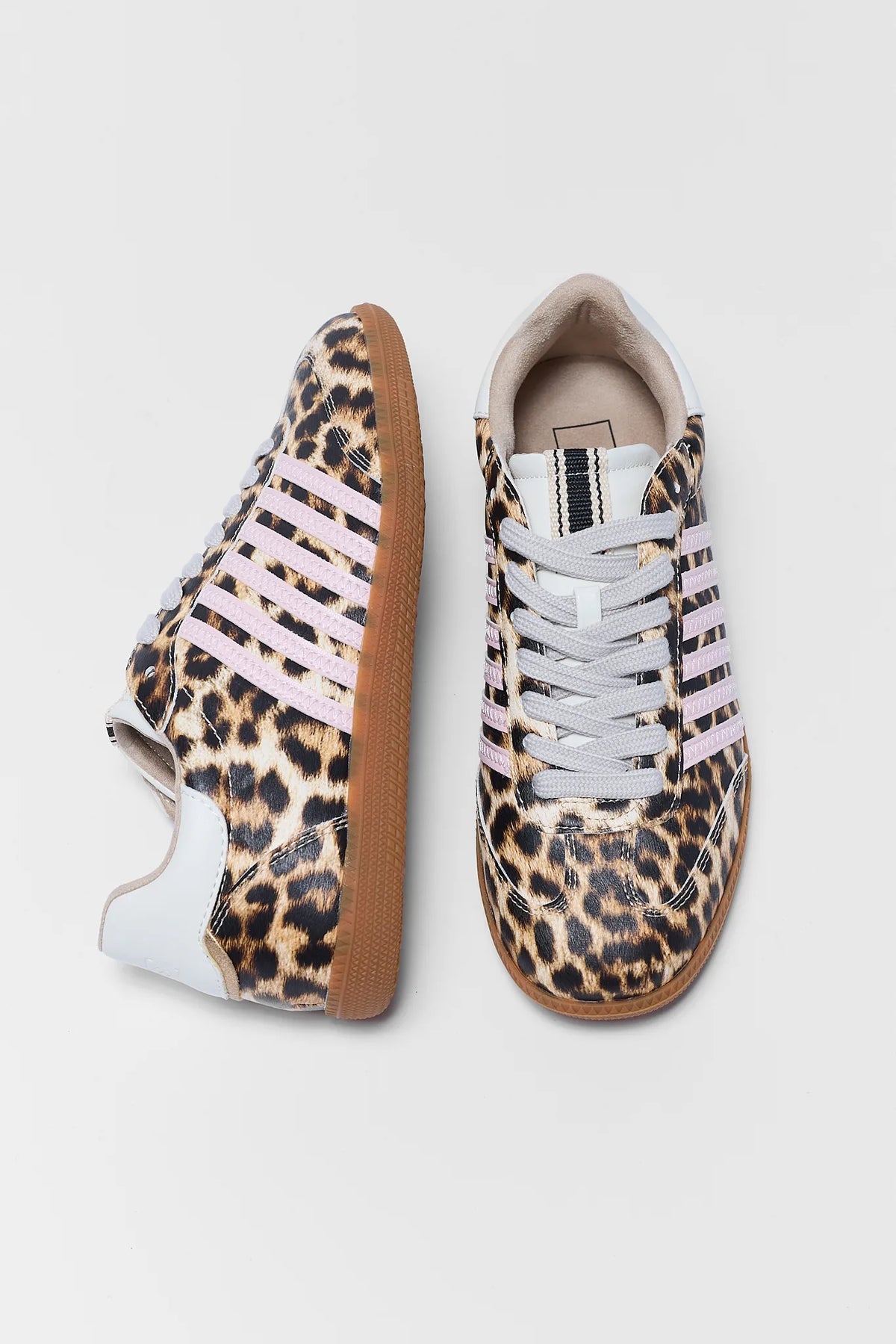 Stevie Leopard Striped Sneakers, top-down pair view, pink stripes and gum sole, women's animal print sneakers | Avara