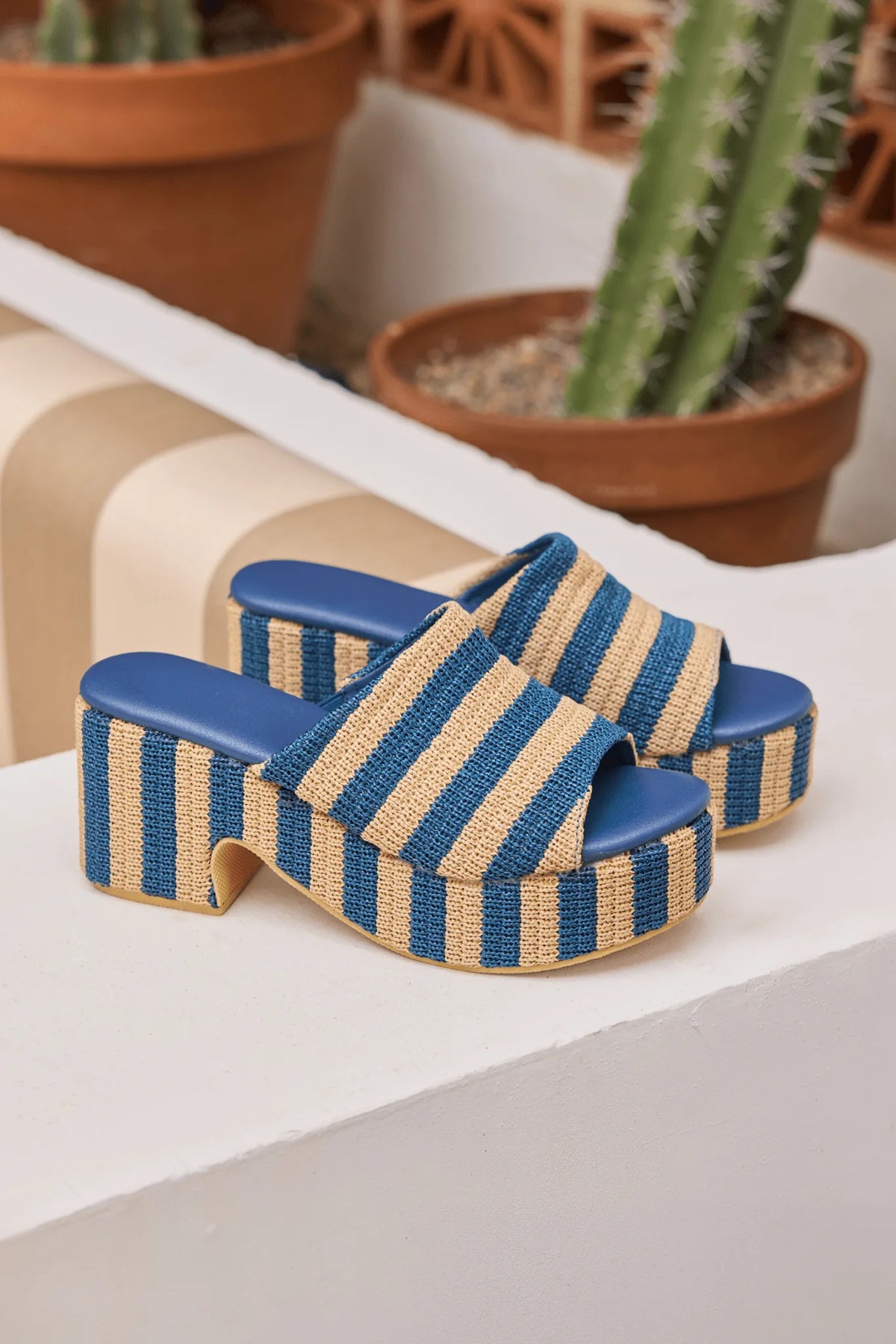 Blue and Natural Striped Raffia Platform Sandals - Vacation Lifestyle Shot with Cacti | Avara