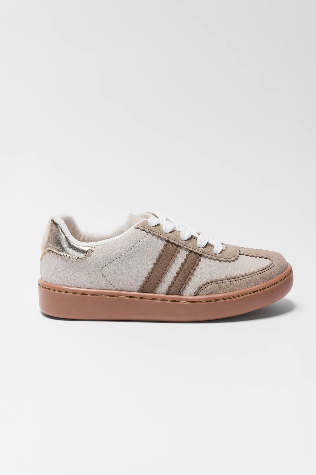 Sylvie Tan Striped Sneakers with gold metallic heel accent and gum sole - Side Profile View | Avara