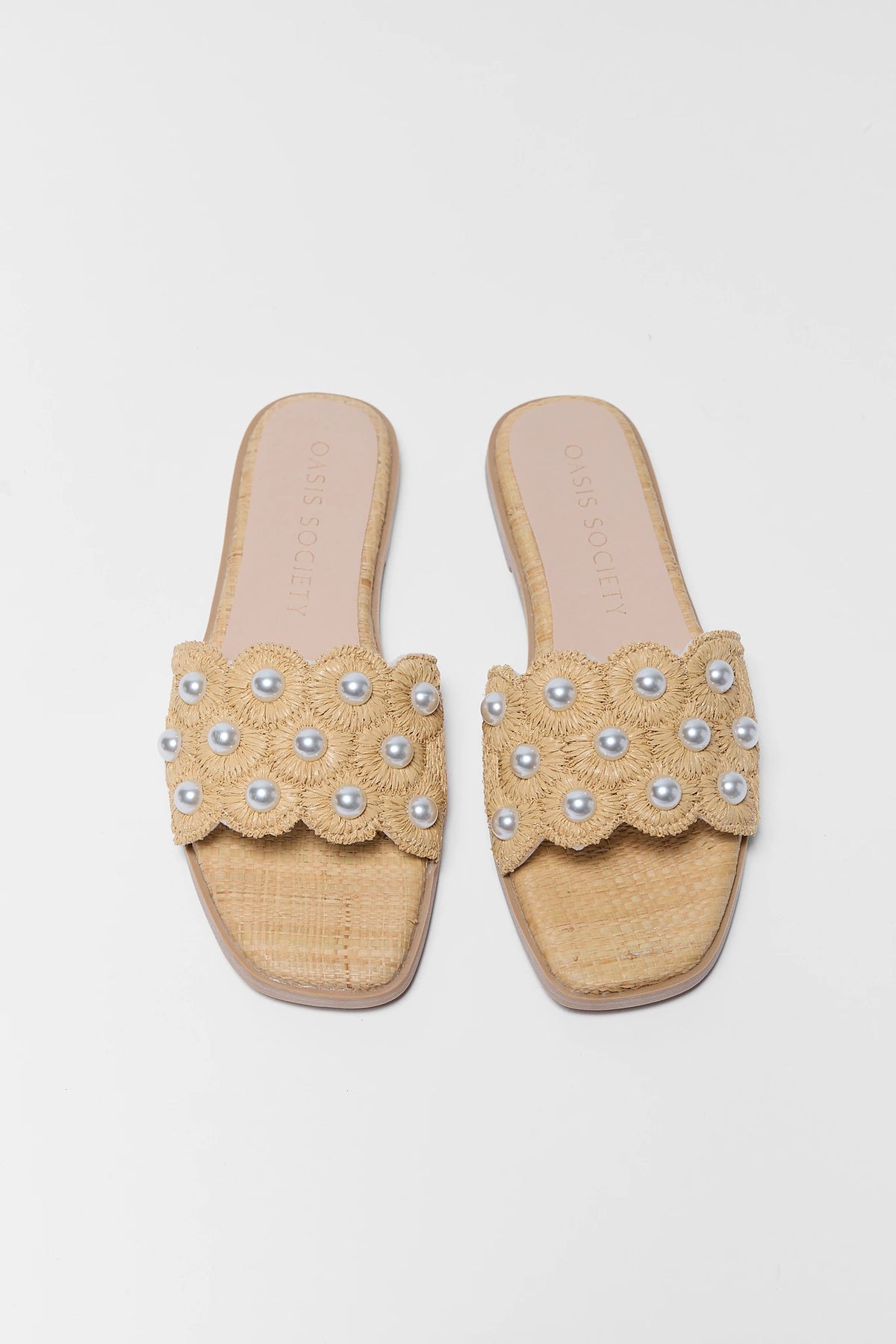 Tan raffia slide sandals with pearl detail - Flat Lay Top View, square toe flat sandals | Avara