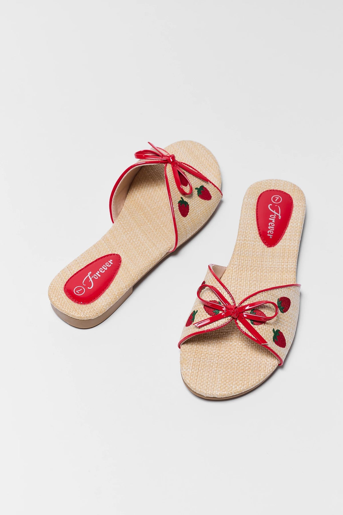Tan Raffia Strawberry Sandals with red bow and embroidered strawberries - Top View | Avara