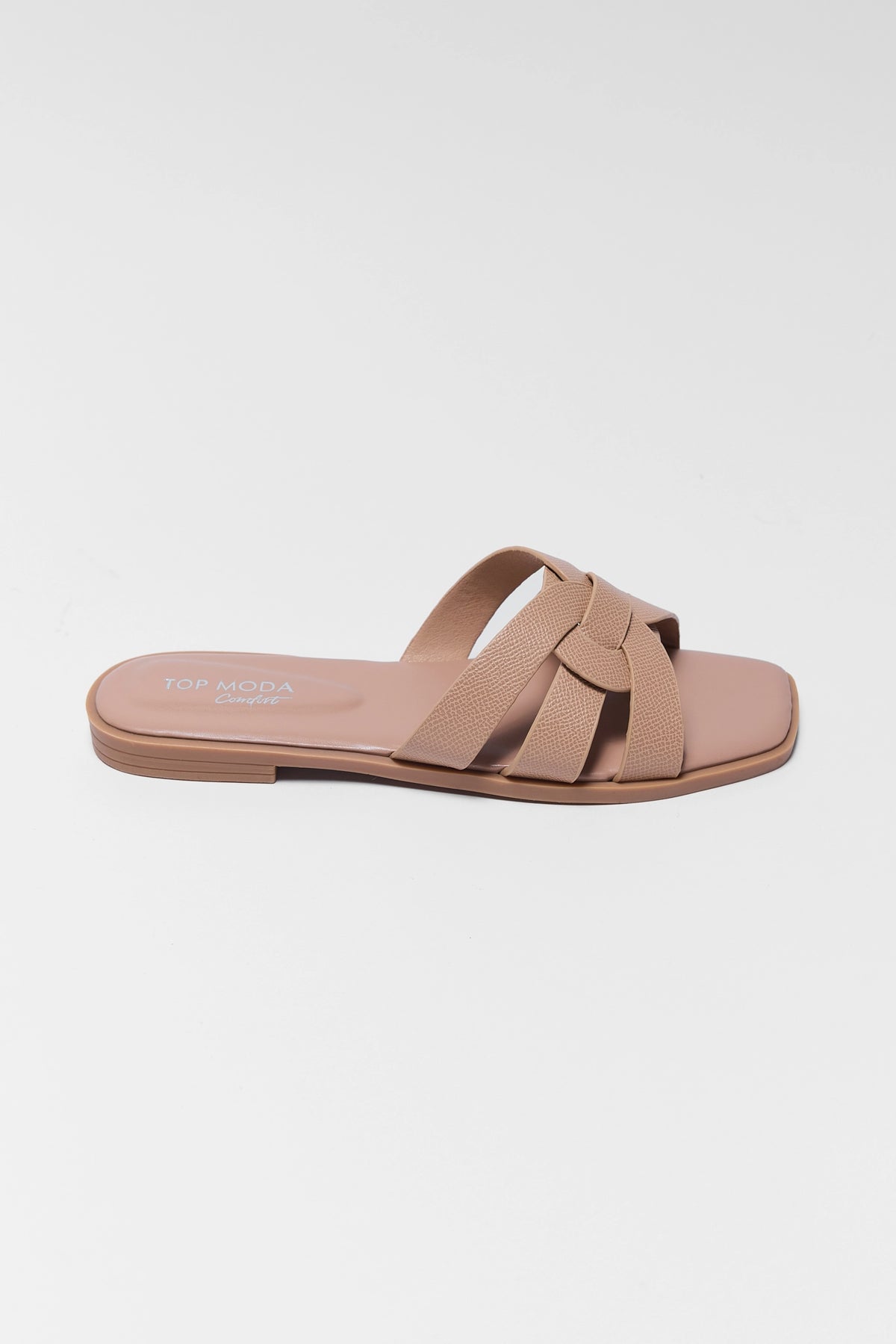 Tan slip on sandal with woven faux leather strap and square toe - Side Profile | Avara