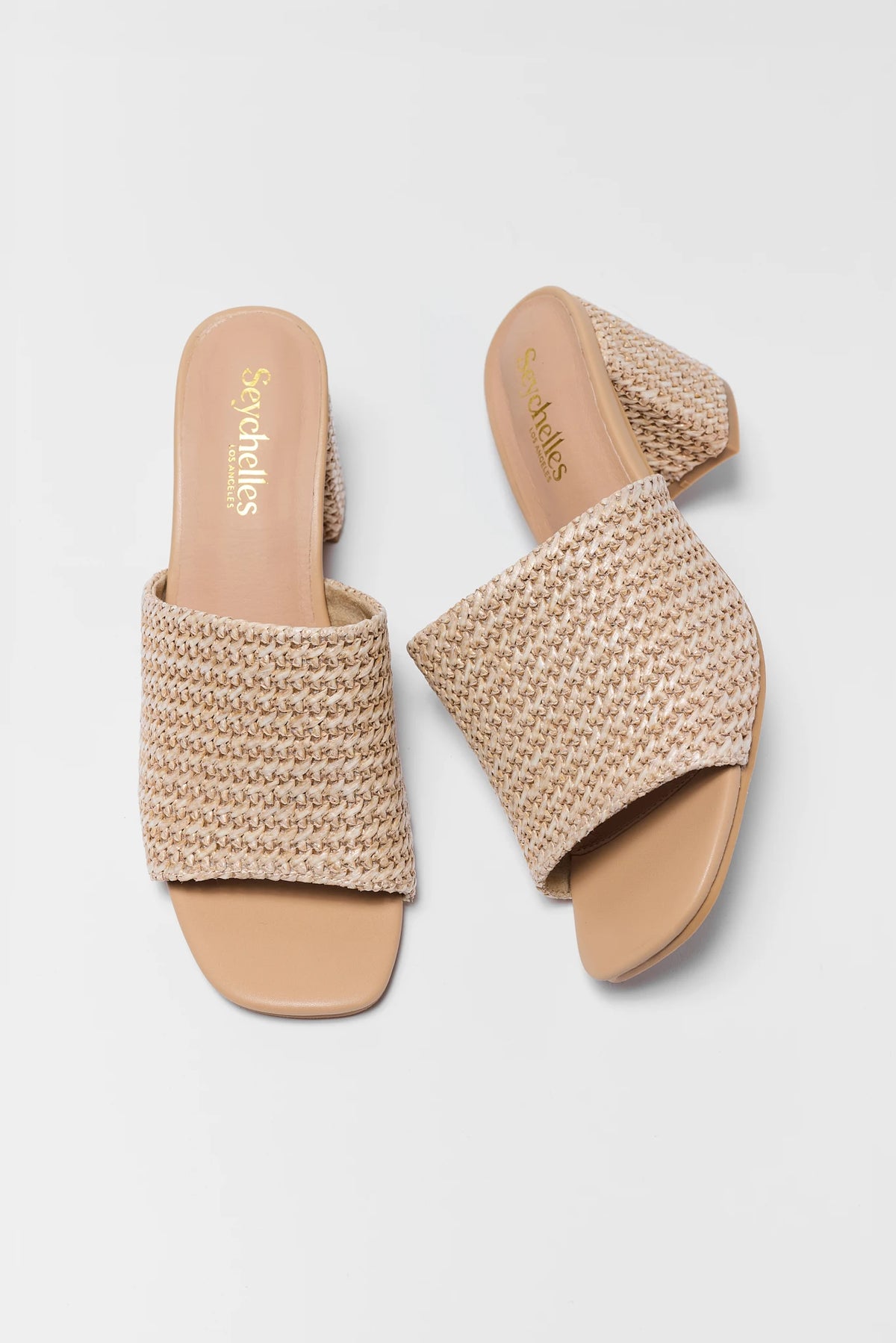 Tan woven block heel sandals by Seychelles - Top View | Avara