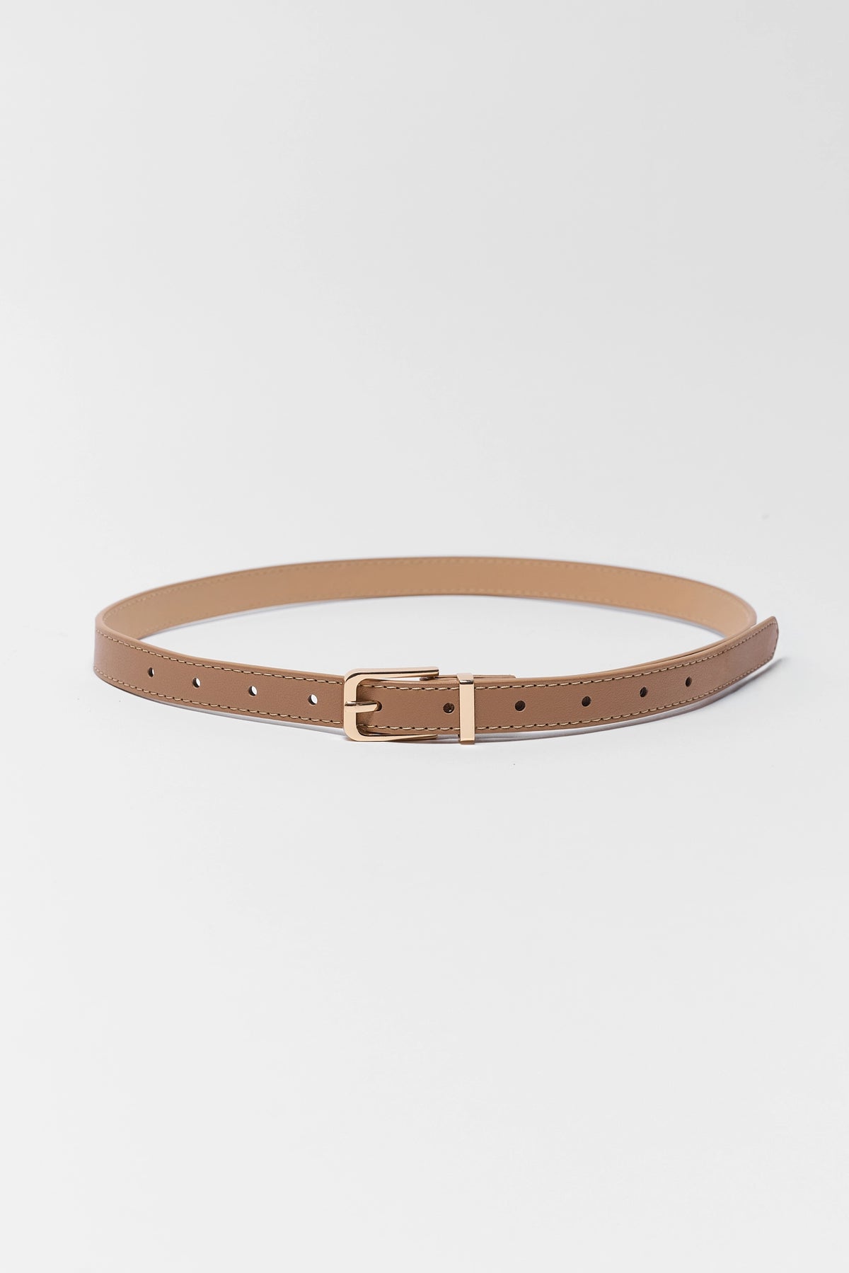 Tan Faux Leather Skinny Belt with Gold Buckle - Full Length Flat Lay | Avara