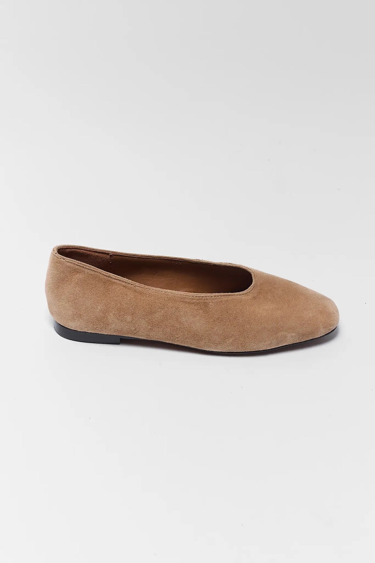 Tan Faux Suede Ballet Flats - Side Profile, Slip-On Flat | Avara