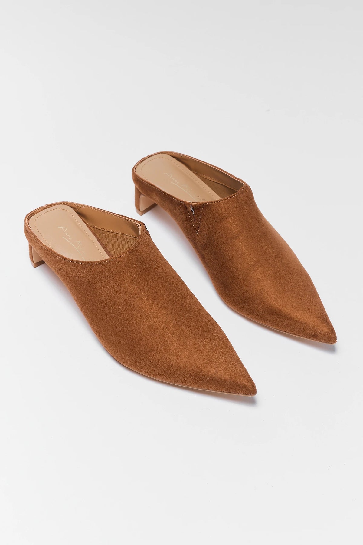Tan Faux Suede Pointed Toe Mules - Angled Pair Flat Lay | Avara