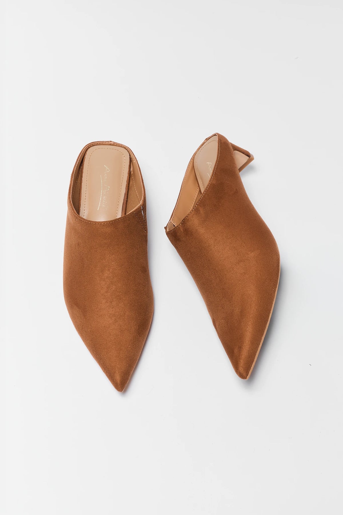 Tan Faux Suede Clogs - Top View Flat Lay Pair | Avara