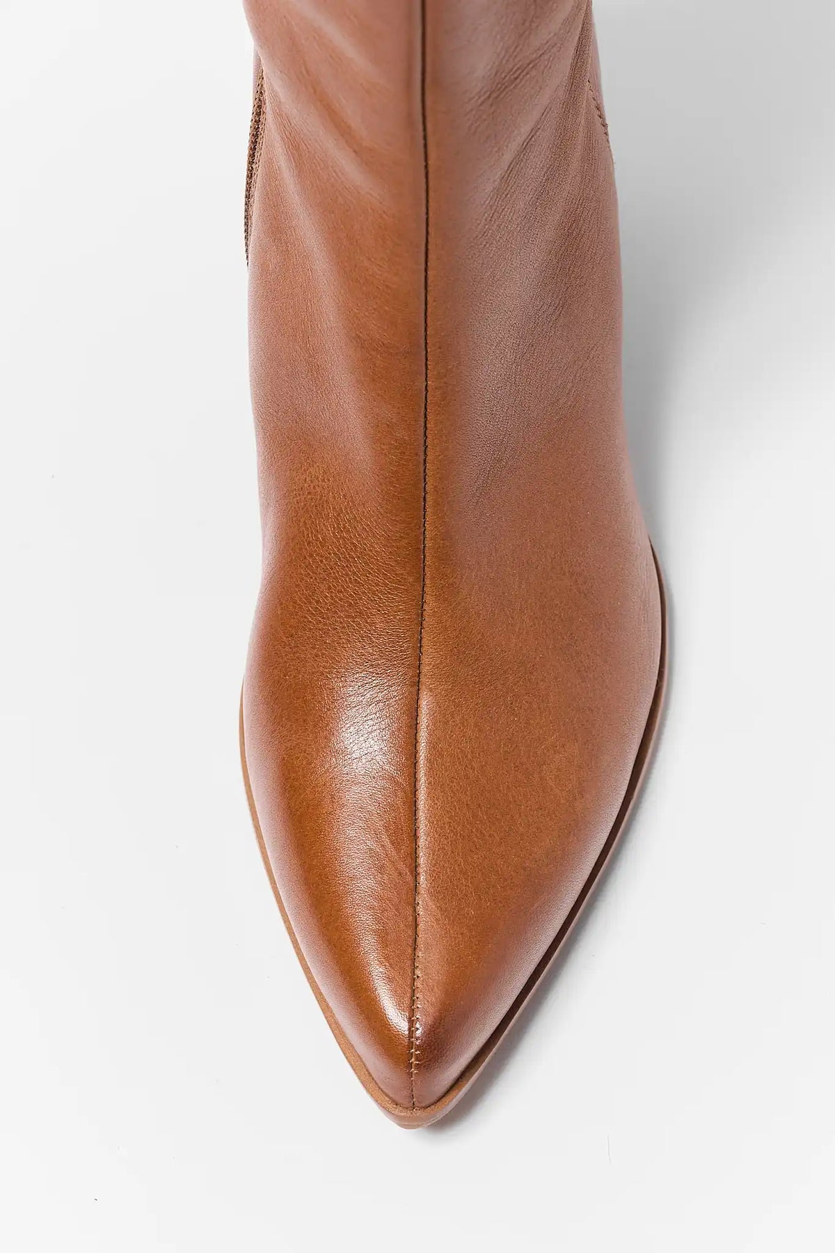Tan Leather Tall Boot Pointed Toe Detail - Top View | Avara