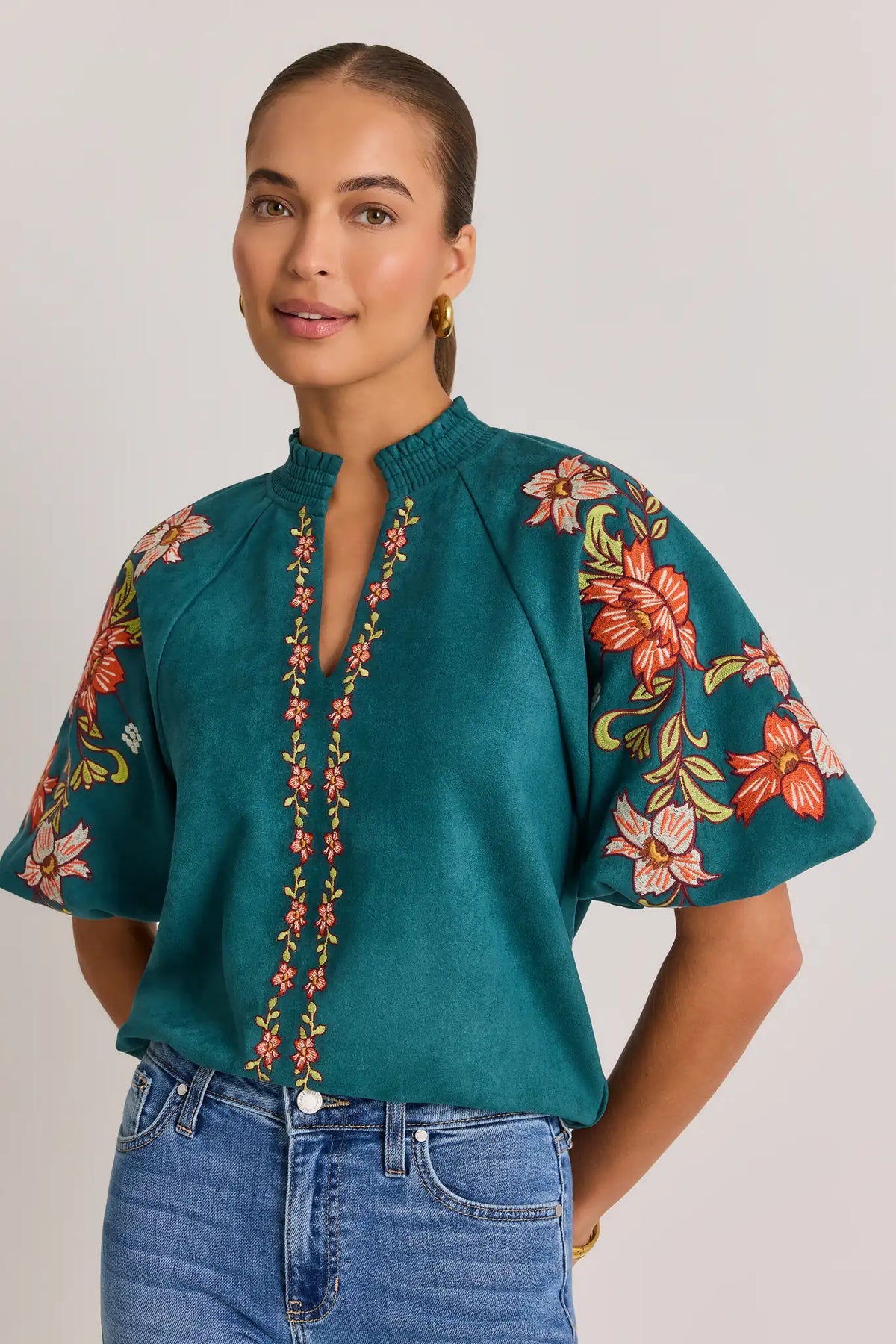 Teal Faux Suede Embroidered Top - On Model Front View, Floral Sleeves & Split Neck | Avara