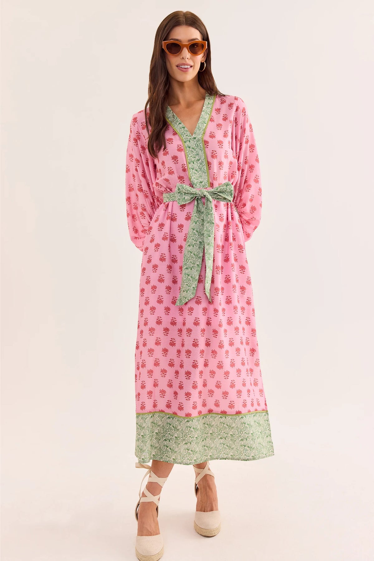 Tessa Pink Printed Tie Waist Midi Dress - Full Front View, Pink and Green Floral Block Print A-Line | Avara