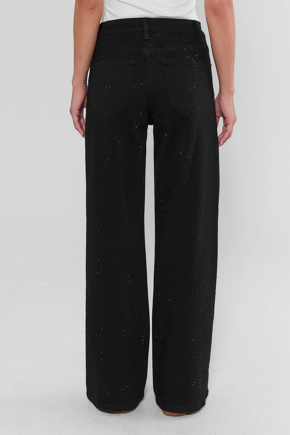 Carrie Black Rhinestone Wide Leg Jeans back view on model showing allover sparkle and back pockets | Avara