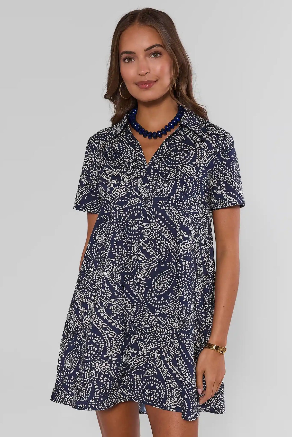 Tia Navy Printed Collared Short Dress front view, short-sleeve printed mini dress for brunch | Avara