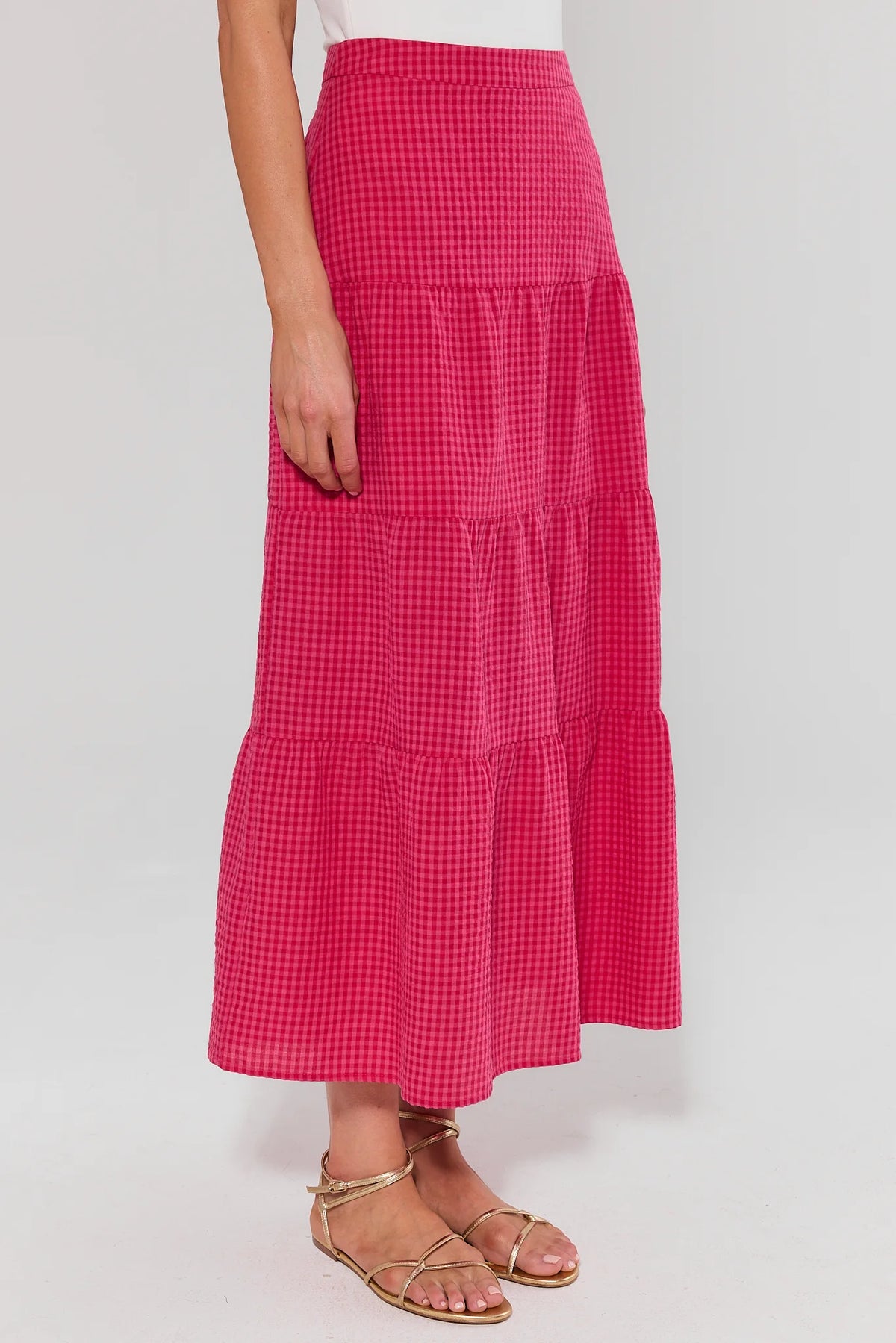 Jenny Pink Gingham Maxi Skirt - Side Profile Tiered Hem Detail | Avara