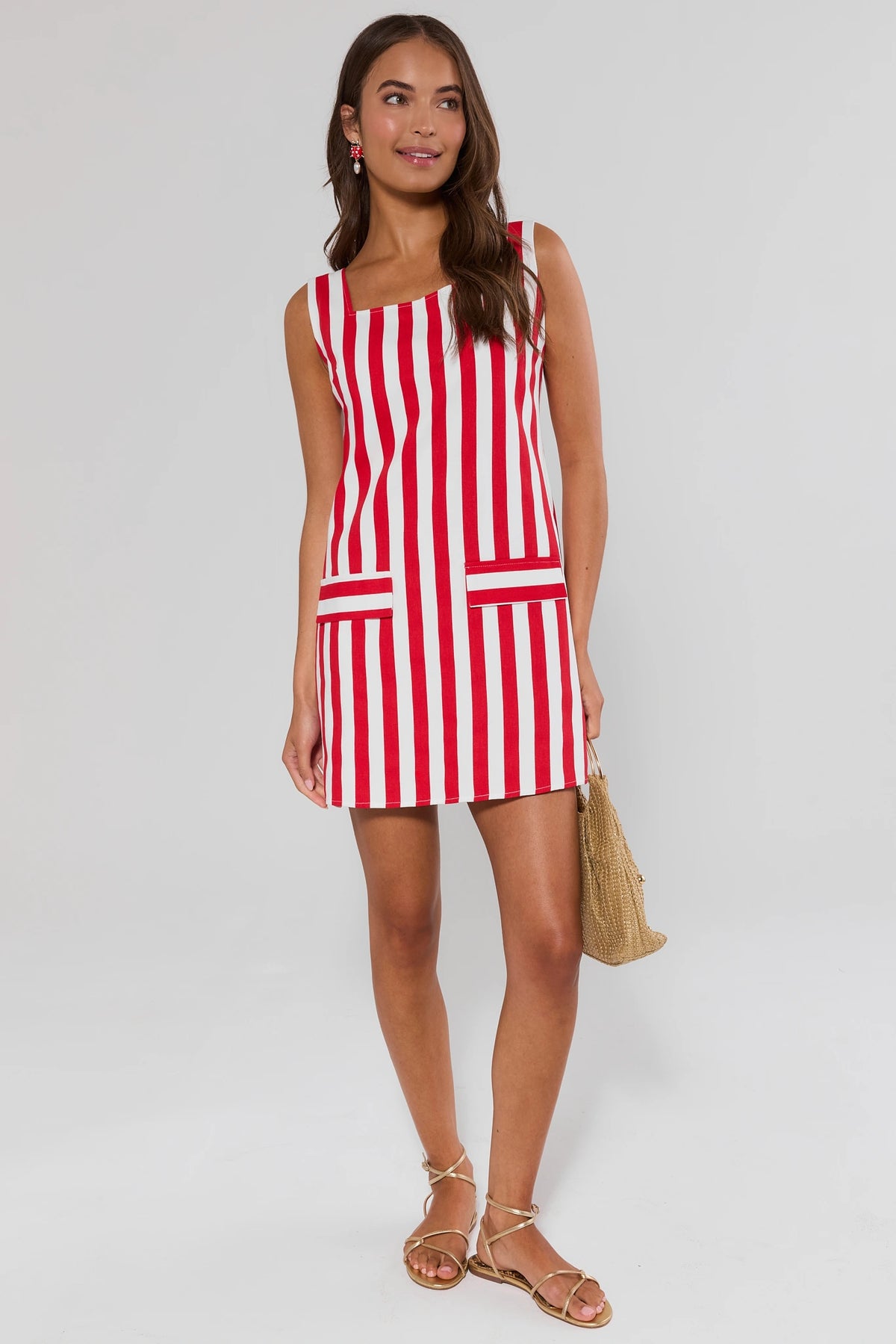 Red and white striped short dress styled with gold sandals and woven bag - Full Length | Avara