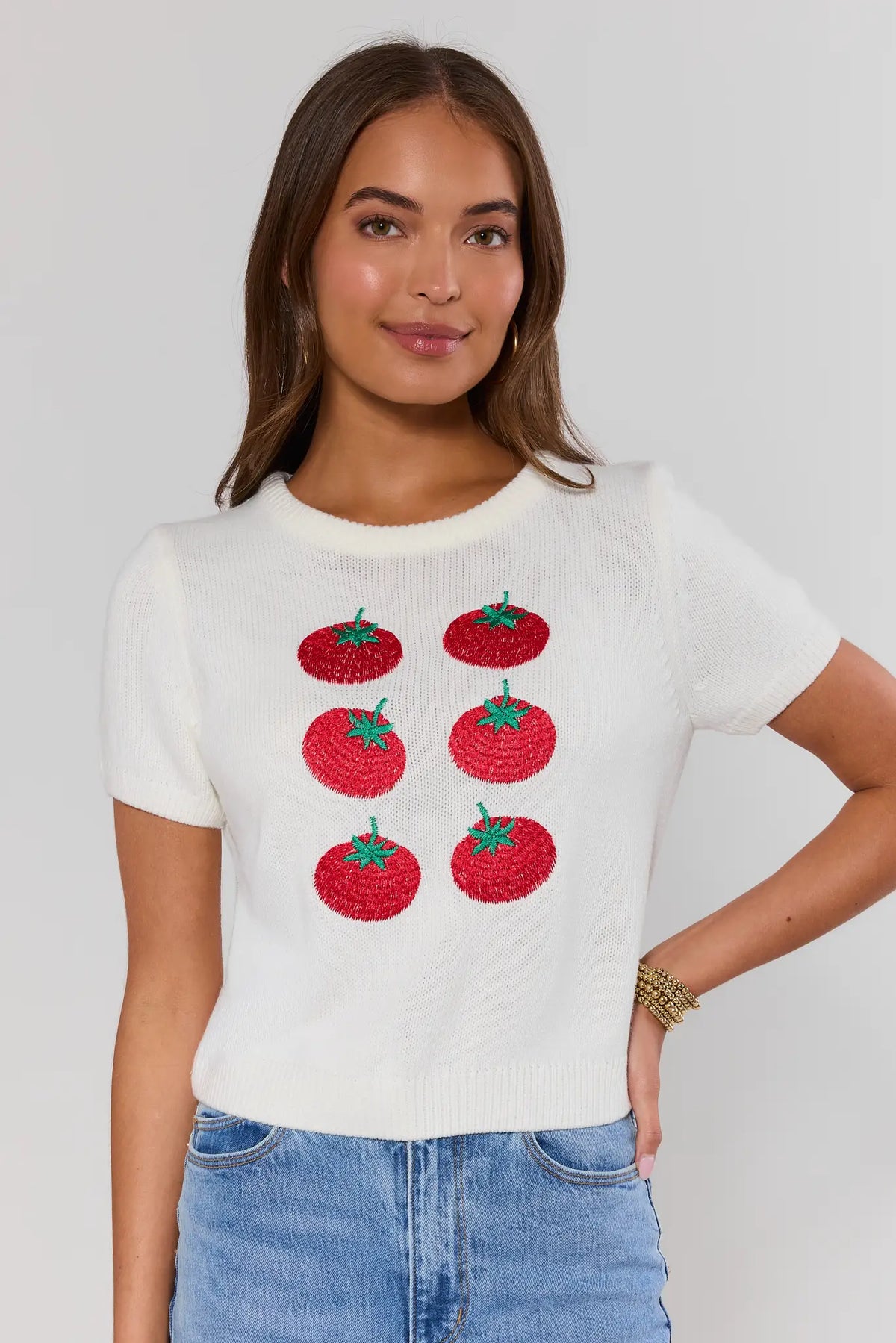 White Tomato Print Knit Top with red embroidered tomatoes, crew neckline, short sleeves - Front View | Avara