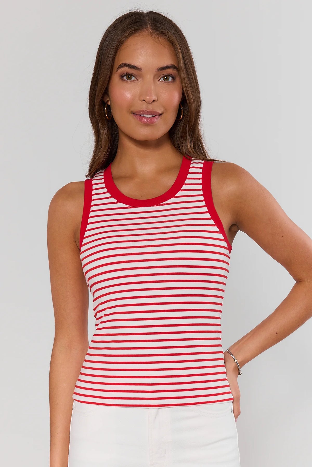 Red and White Striped Ribbed Tank Top - Front View, On Model | Avara