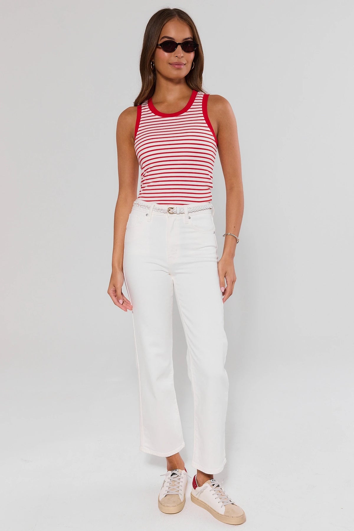 Red and White Striped Tank Top Styled with White Jeans - Full Length Look | Avara