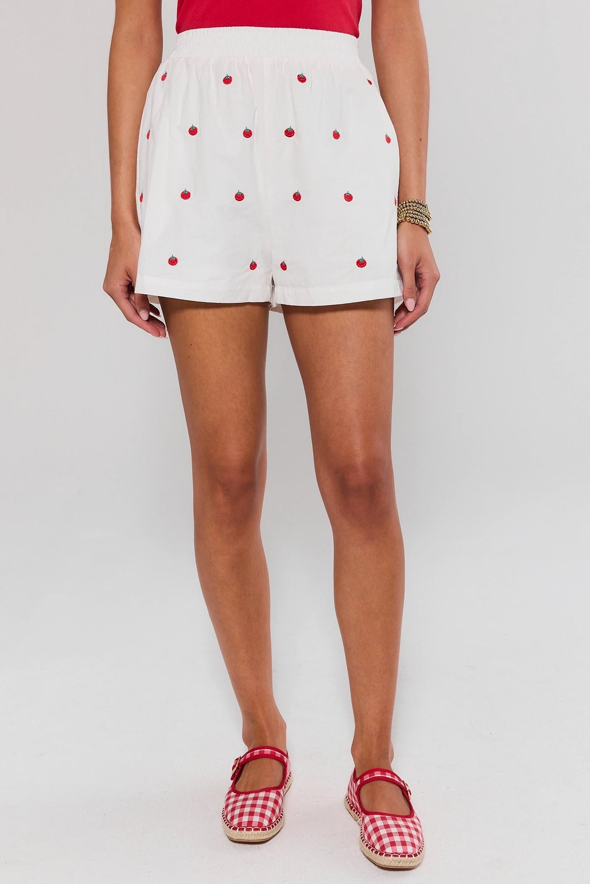 White Tomato Embroidered Shorts styled with red tee and gingham flats - Full Length Front | Avara