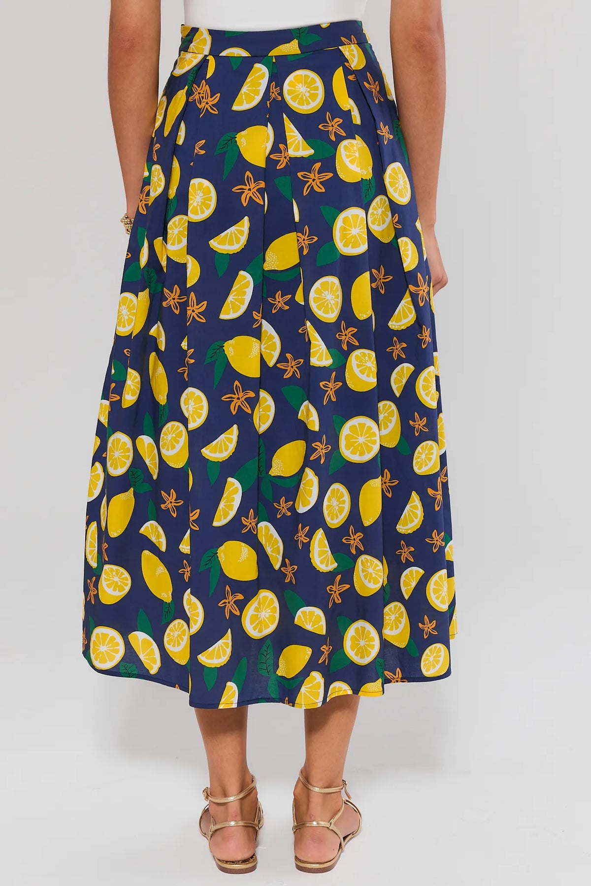 Navy lemon print maxi skirt flowy A-line silhouette - Front View On Model | Avara