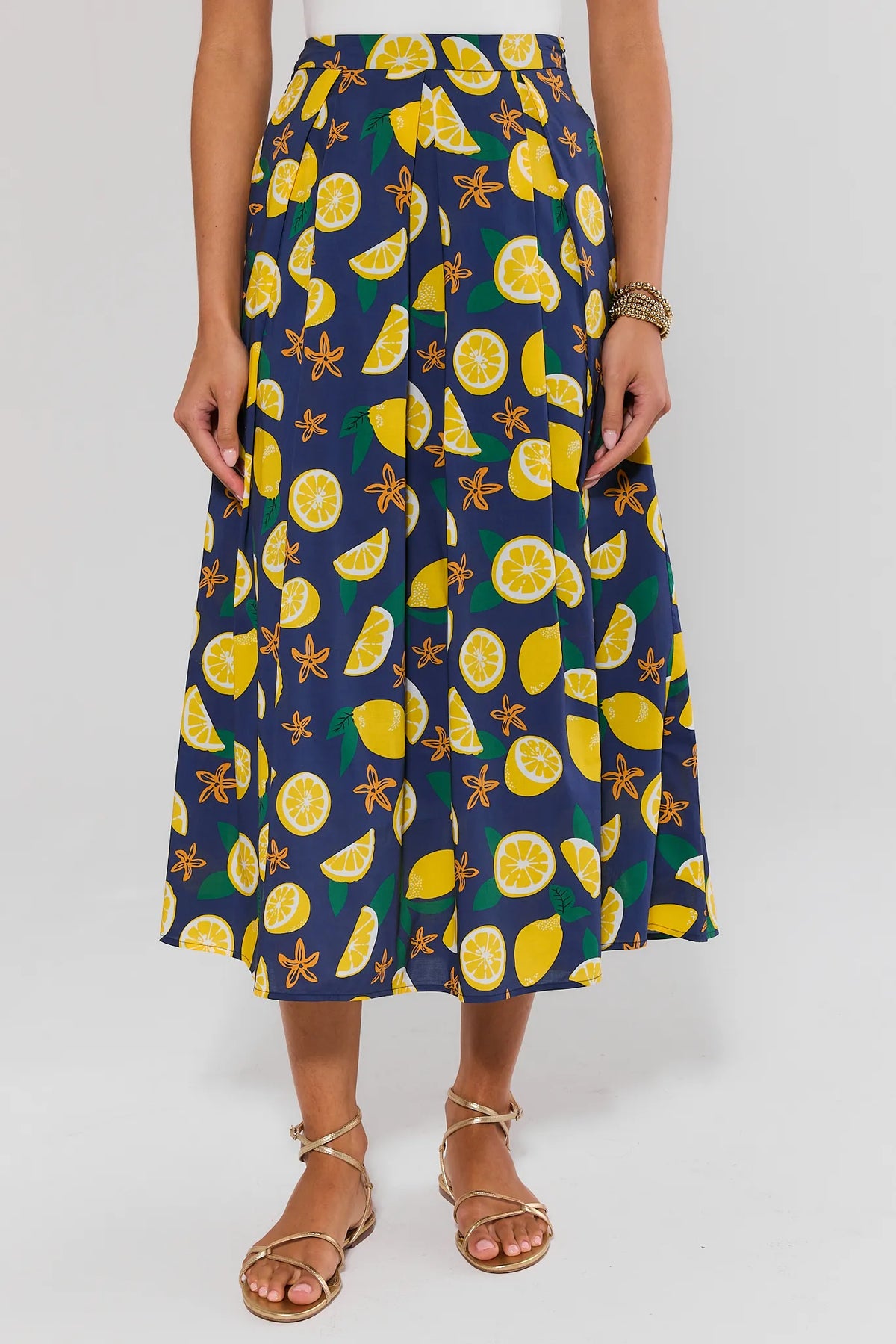 Navy lemon print maxi skirt - Front Close-Up, A-line silhouette with pleats | Avara