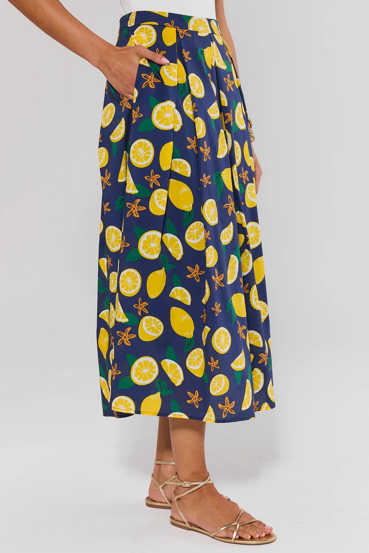 Navy lemon print maxi skirt with side pocket - Side View On Model | Avara