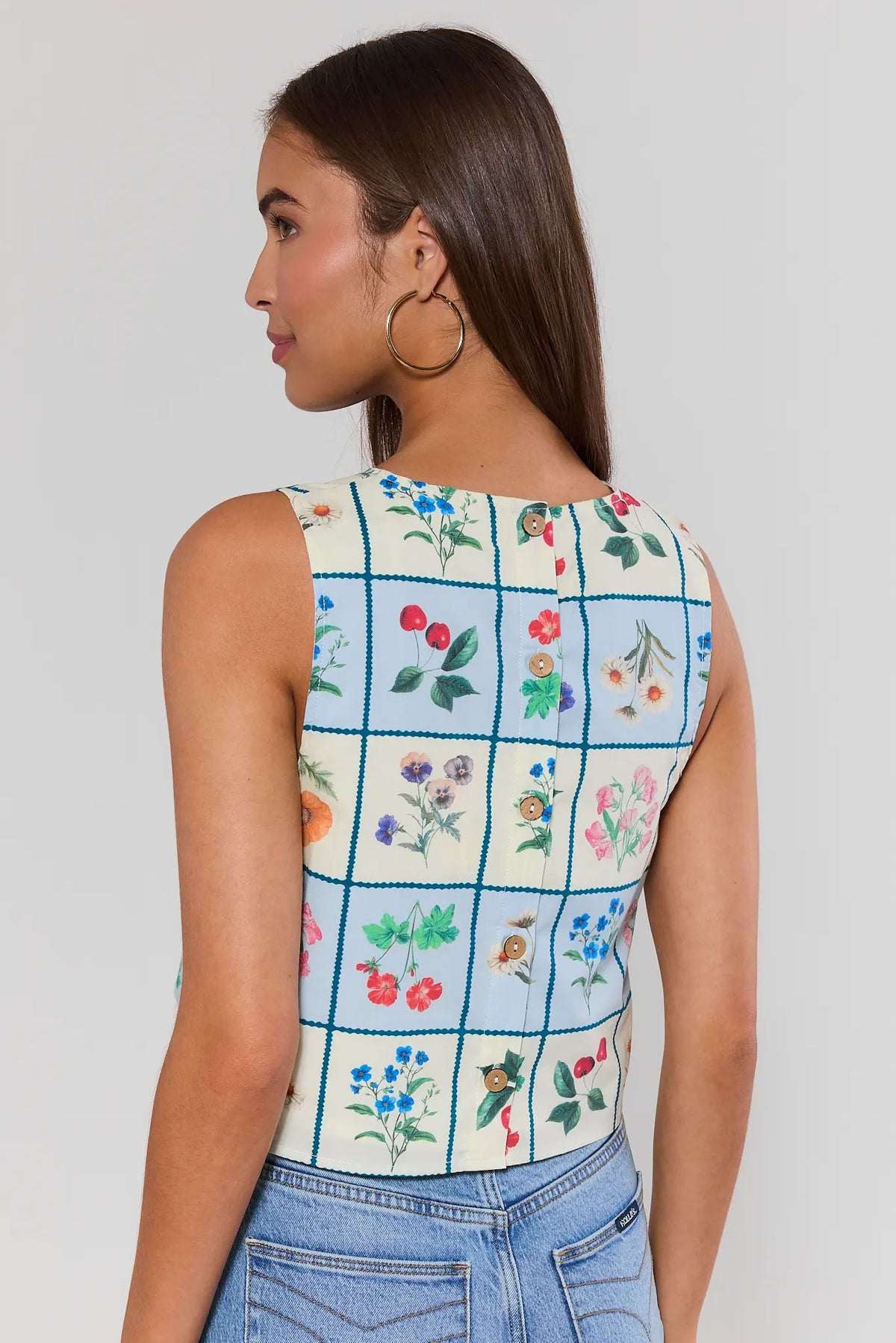 Claire Blue Checkered Floral Sleeveless Tank Top - Back View, Button Closure Detail | Avara