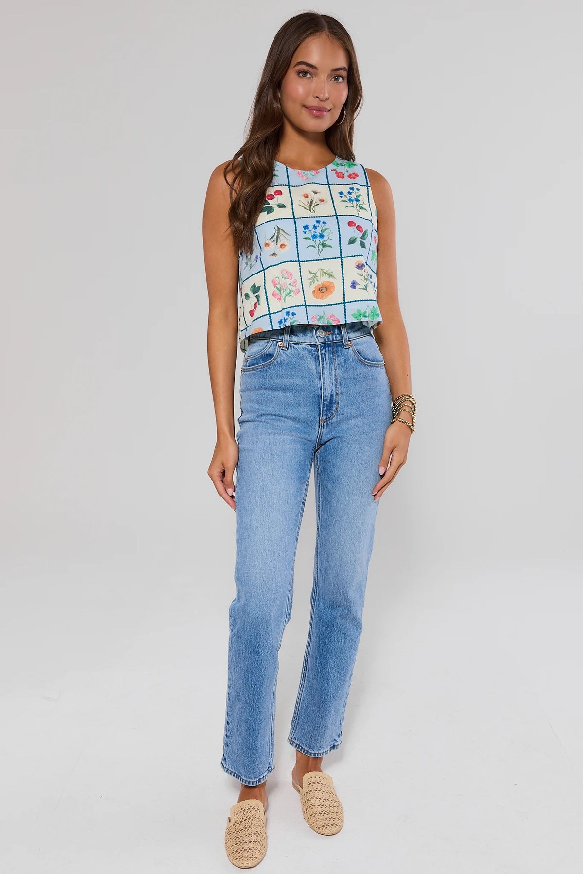 Claire Blue Floral Tank Top with button back detail, styled with blue jeans - Back View | Avara