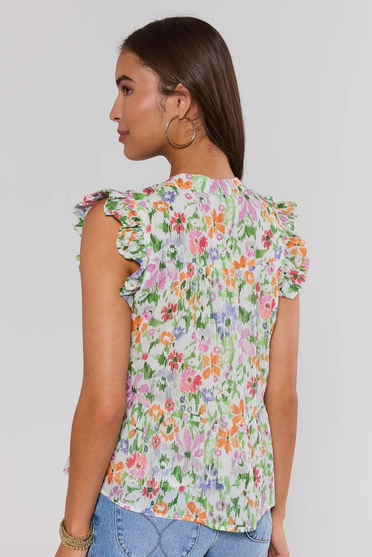 Multi floral Faye Flutter Sleeve Top - Back View showing flutter sleeves and floral print | Avara