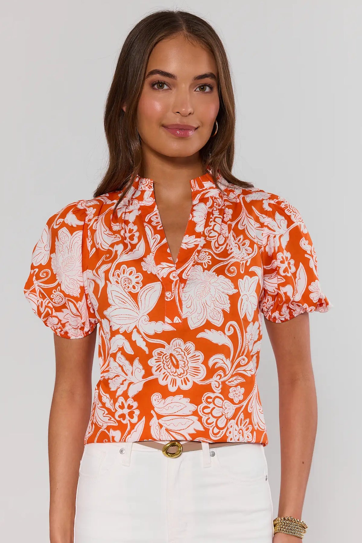 Rosanna Orange Floral Puff Sleeve Top - Front View, On Model | Avara