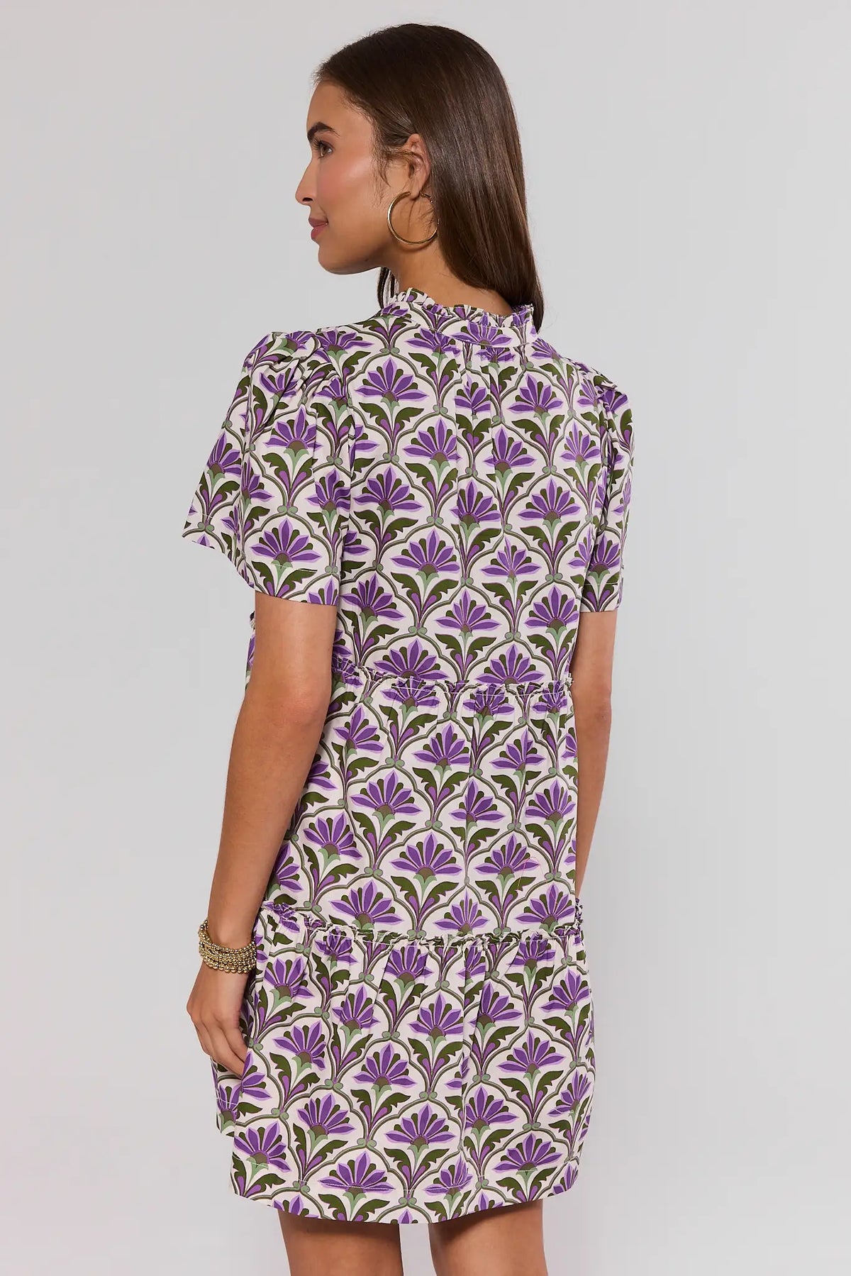 Evan Purple Floral Short Dress - Back View showing ruffle collar & smocked waist | Avara