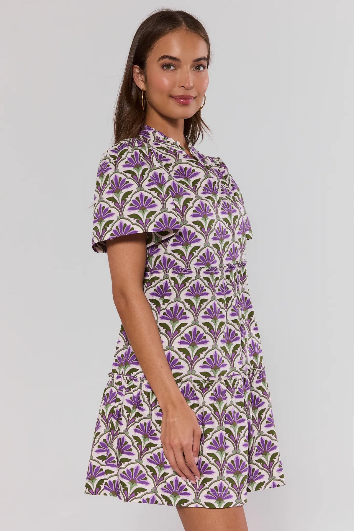Evan Purple Floral Short Dress - Side View showing tiered ruffle hem | Avara