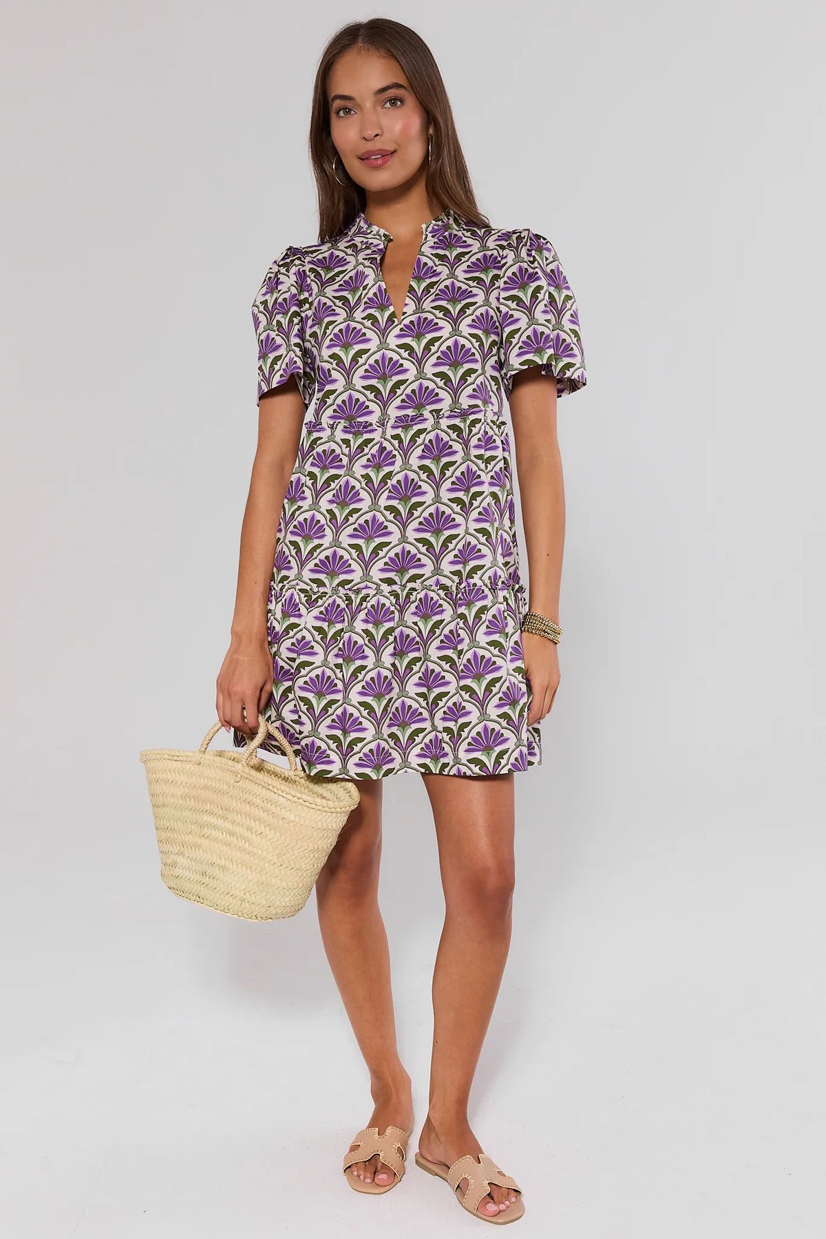 Evan Purple Floral Short Dress styled with straw bag and sandals - Full Length | Avara