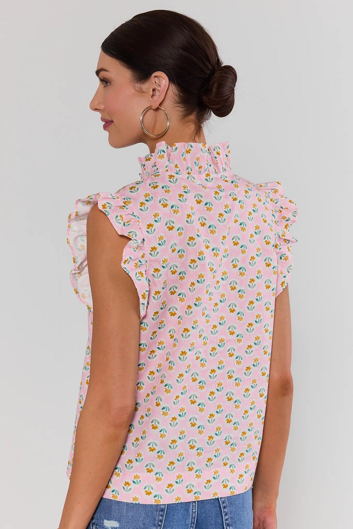 Ginny Pink Floral Ruffle Top - Back View showing ruffle collar and flutter sleeve detail | Avara
