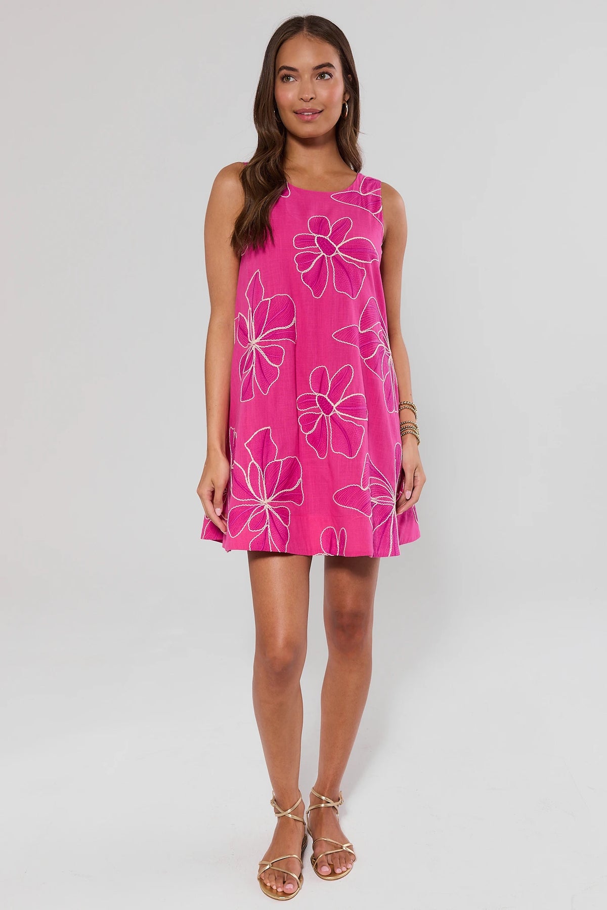 Mary Pink Floral Short Dress - Full Length Front View with Gold Strappy Sandals | Avara