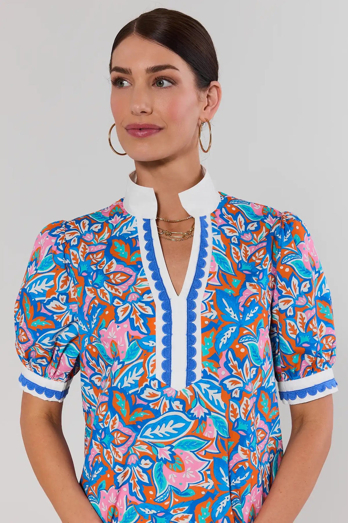 Blue Multi Printed Short Dress - Close-Up Neckline & Scallop Trim Detail | Avara