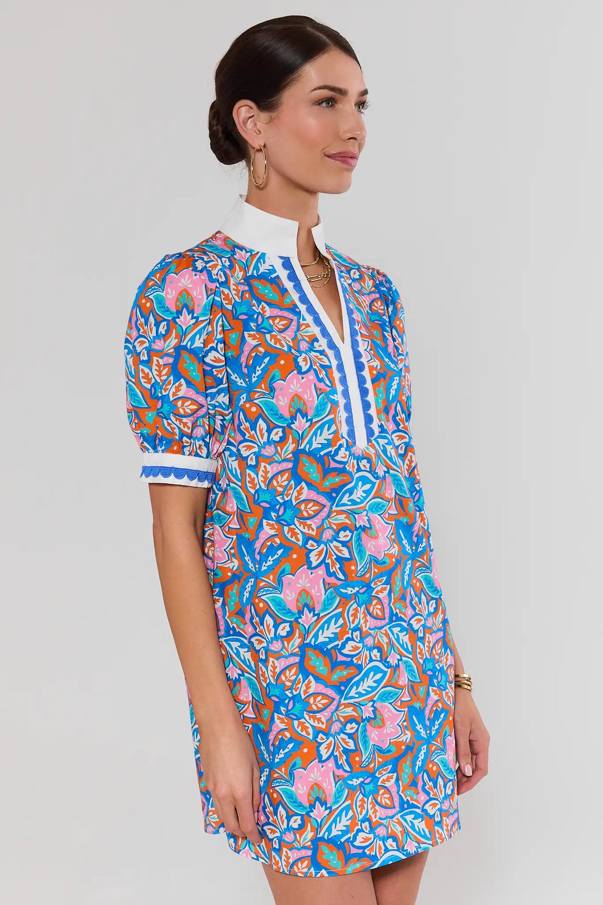 Blue Multi Printed Short Dress - Side Profile, Puff Sleeve Cute Mini Dress | Avara