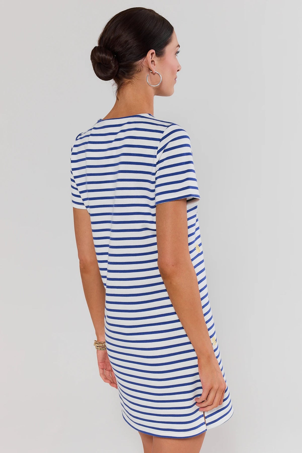 Blue and white striped embroidered shirt dress back view showing relaxed silhouette | Avara