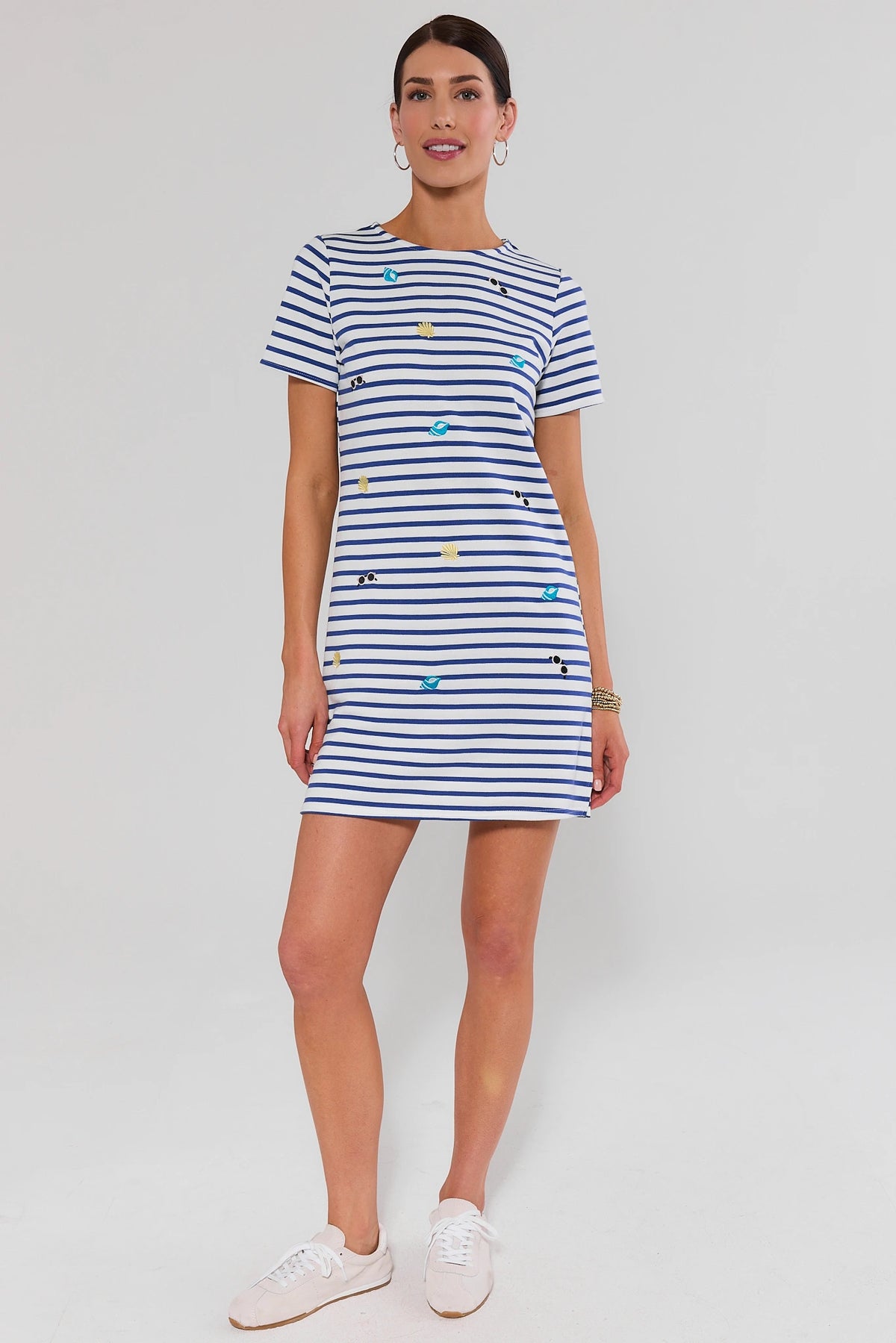 Blue Stripe Embroidered Shirt Dress full-length front view styled with white sneakers on model | Avara