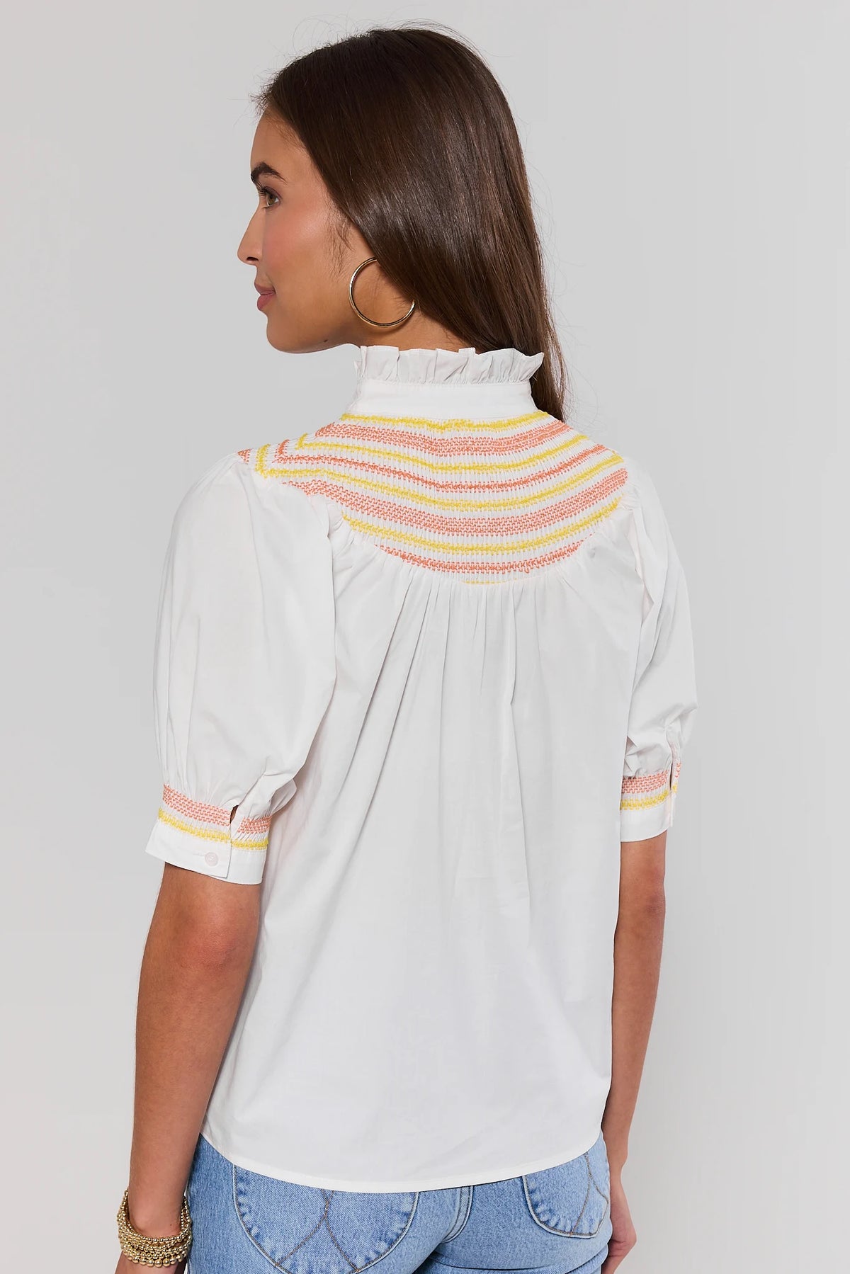 Yvonne White Yellow Embroidered Top - Back View Showing Full Smocked Embroidery Yoke | Avara
