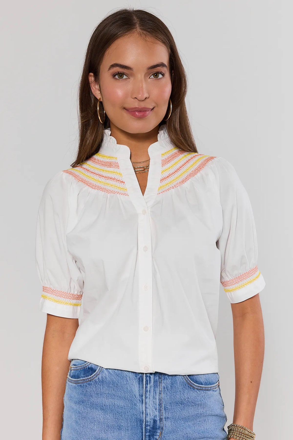 Yvonne White Yellow Embroidered Button-Up Top - Front View, Ruffle Collar & Puff Sleeves | Avara