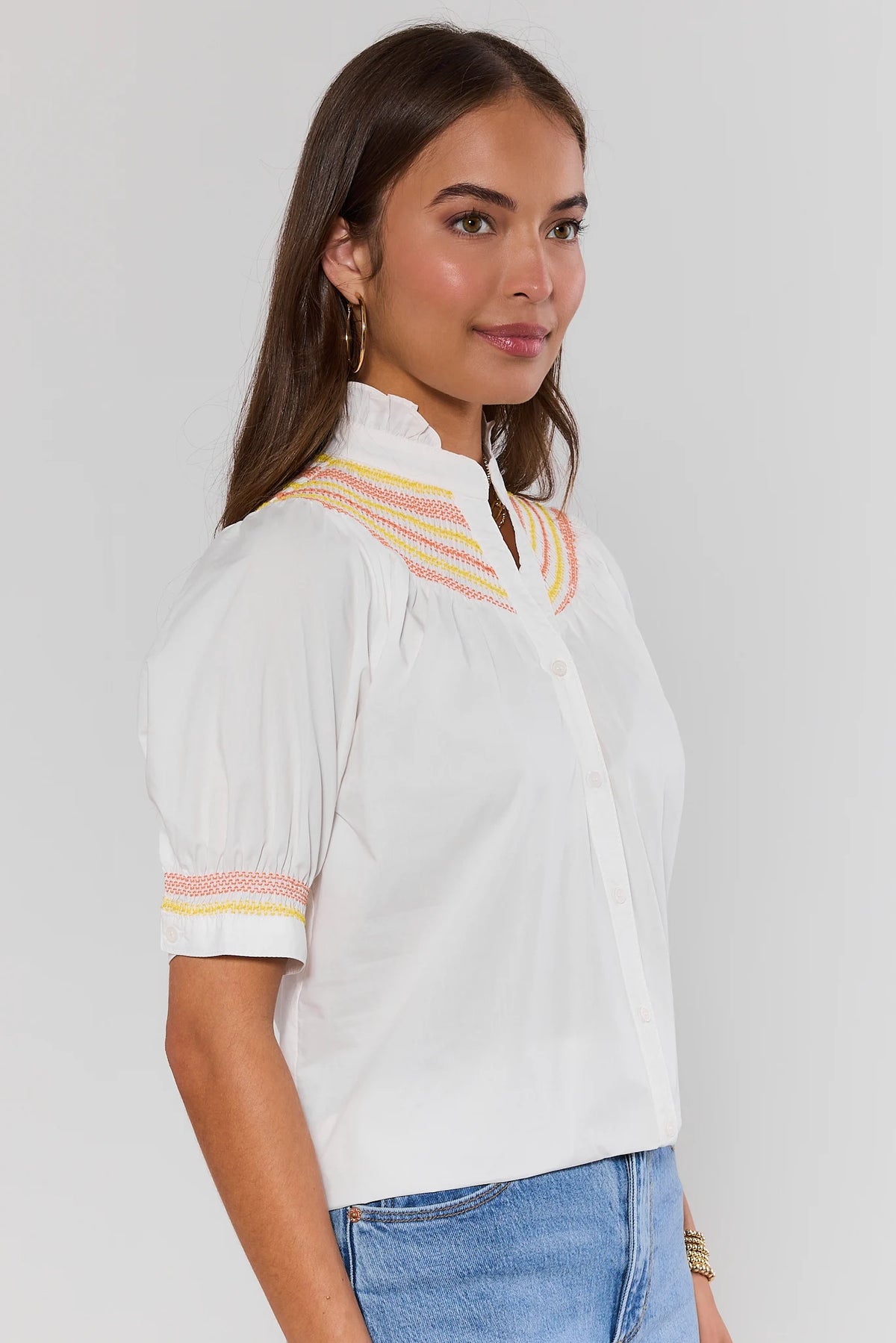 Yvonne White Embroidered Button-Up Top - Side Profile Showing Puff Sleeve & Embroidery | Avara