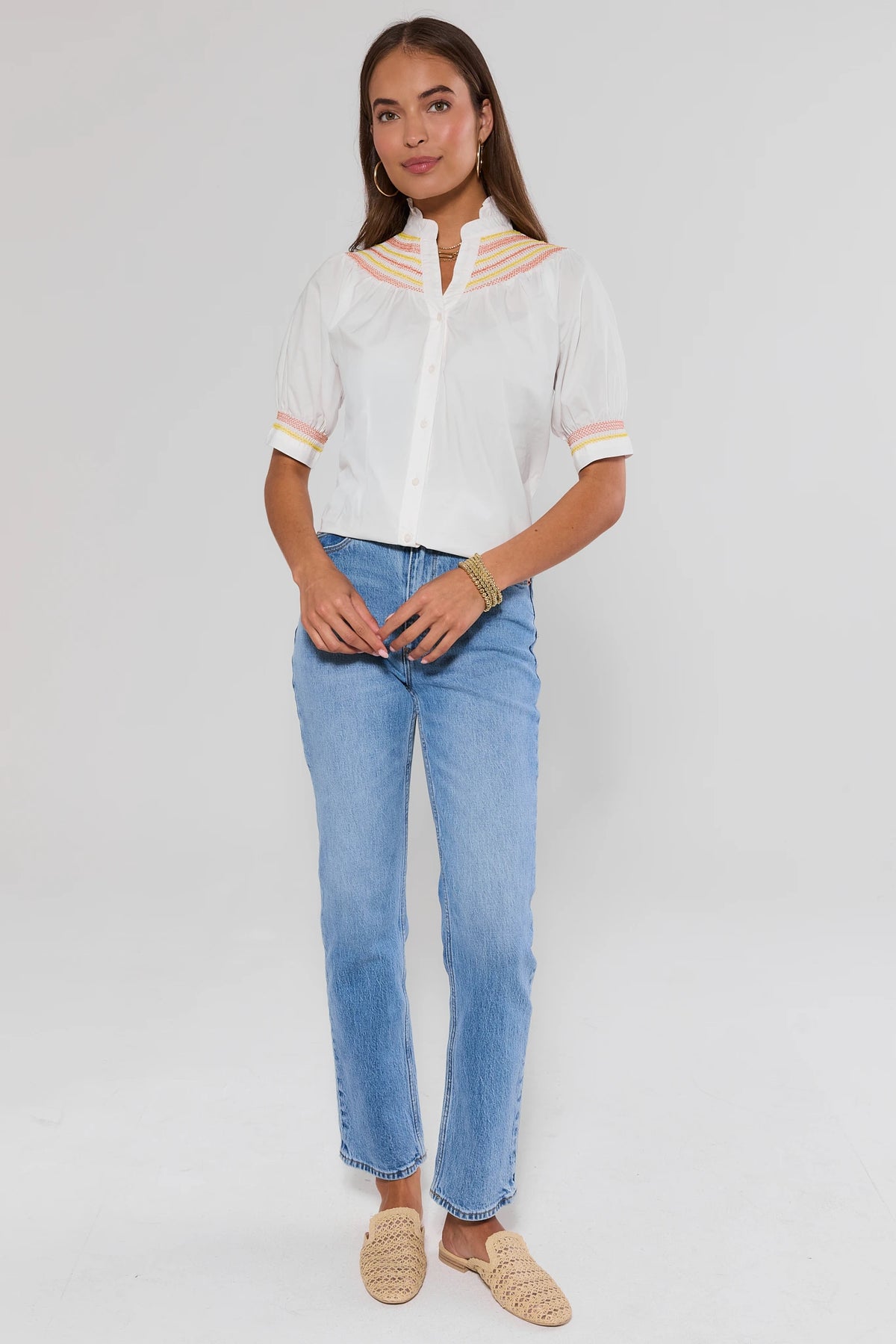 Yvonne White Yellow Embroidered Top Styled with Light Wash Jeans - Full Length Front View | Avara