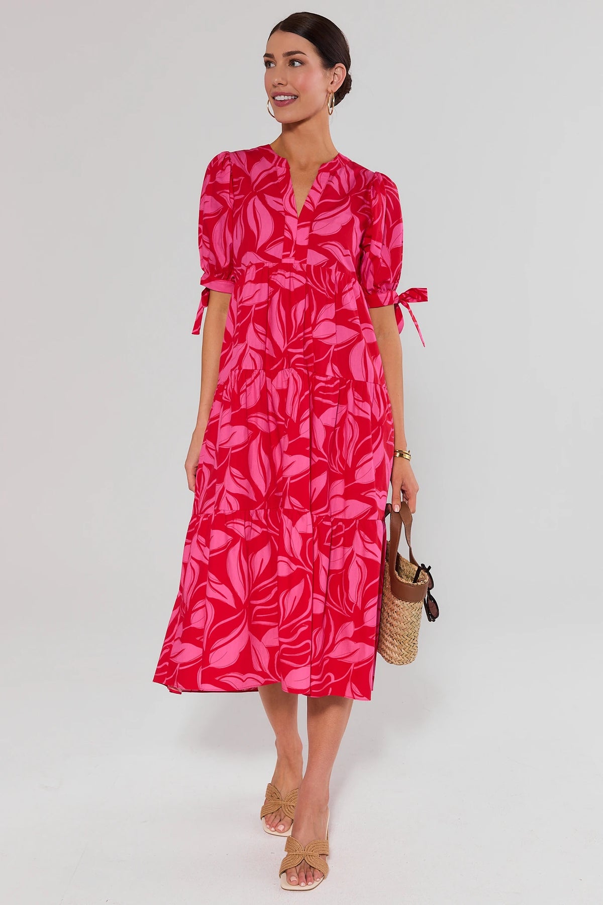 Harriet Red Floral Printed Midi Dress - Front View, Tie-Sleeve Detail | Avara