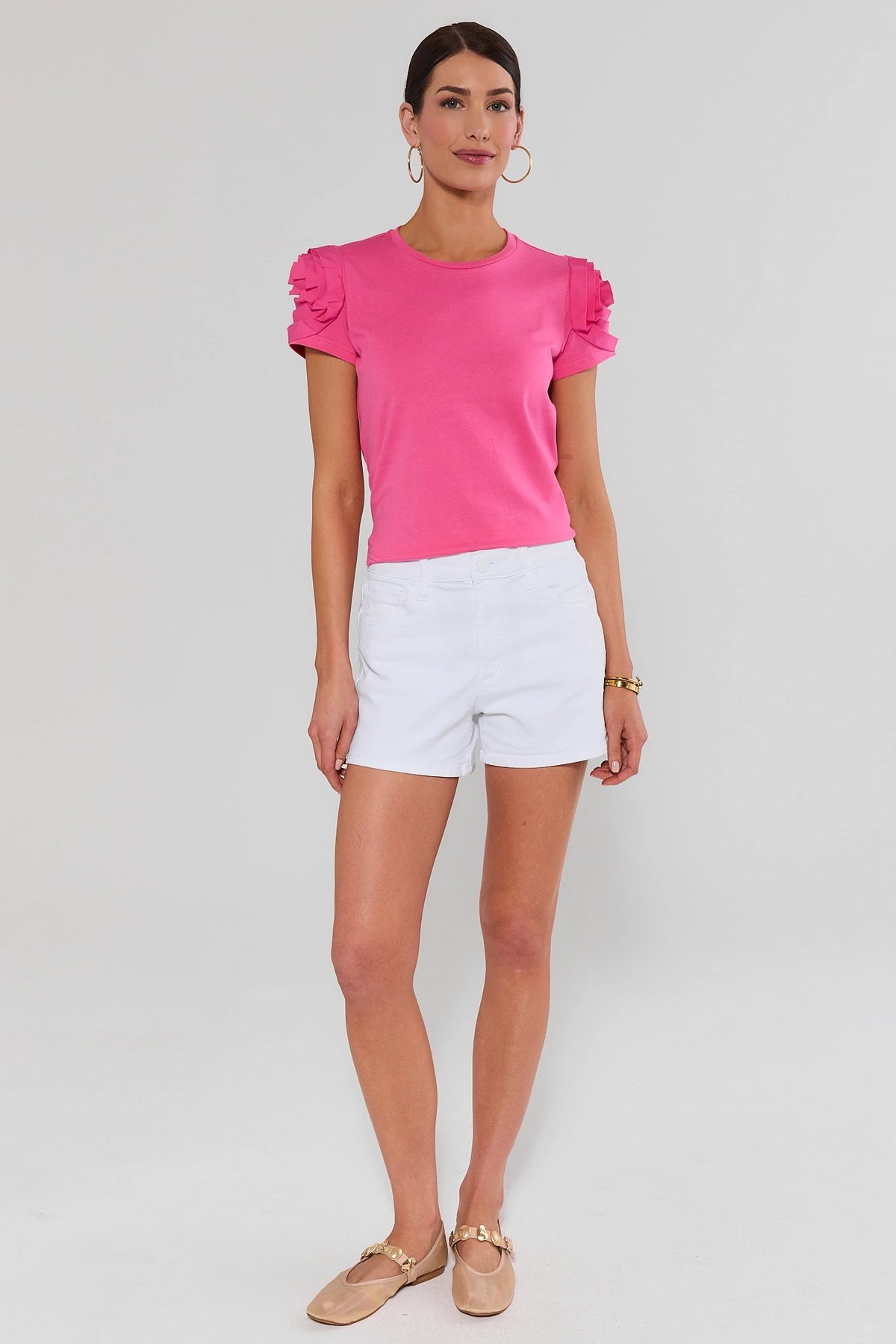 Woman in pink Kendall Floral Appliqué Top and white shorts - Full Body Styled Look | Avara