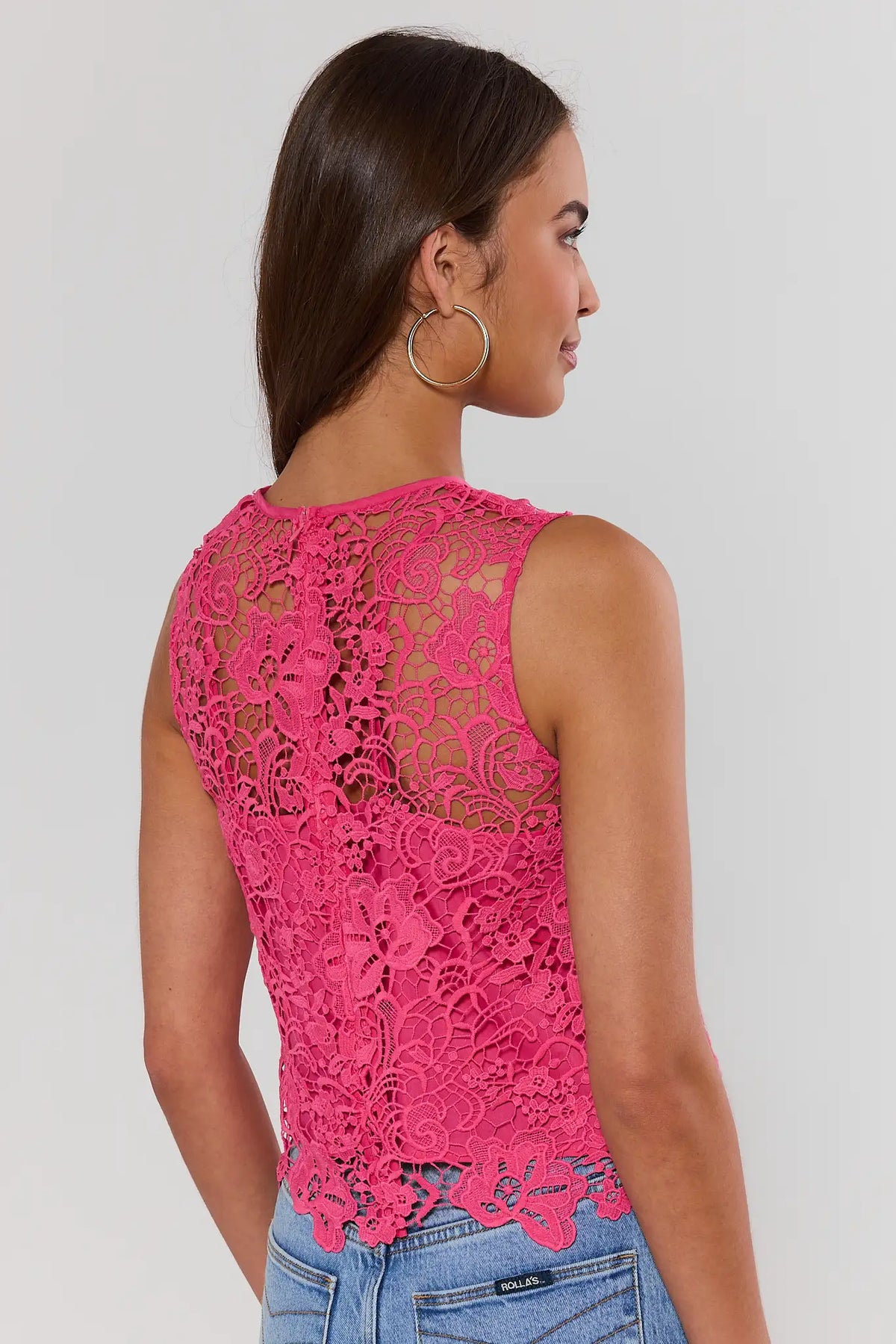 Pink Floral Overlay Tank Top - Back View, Sheer Crochet Lace Detail with Scalloped Hem | Avara