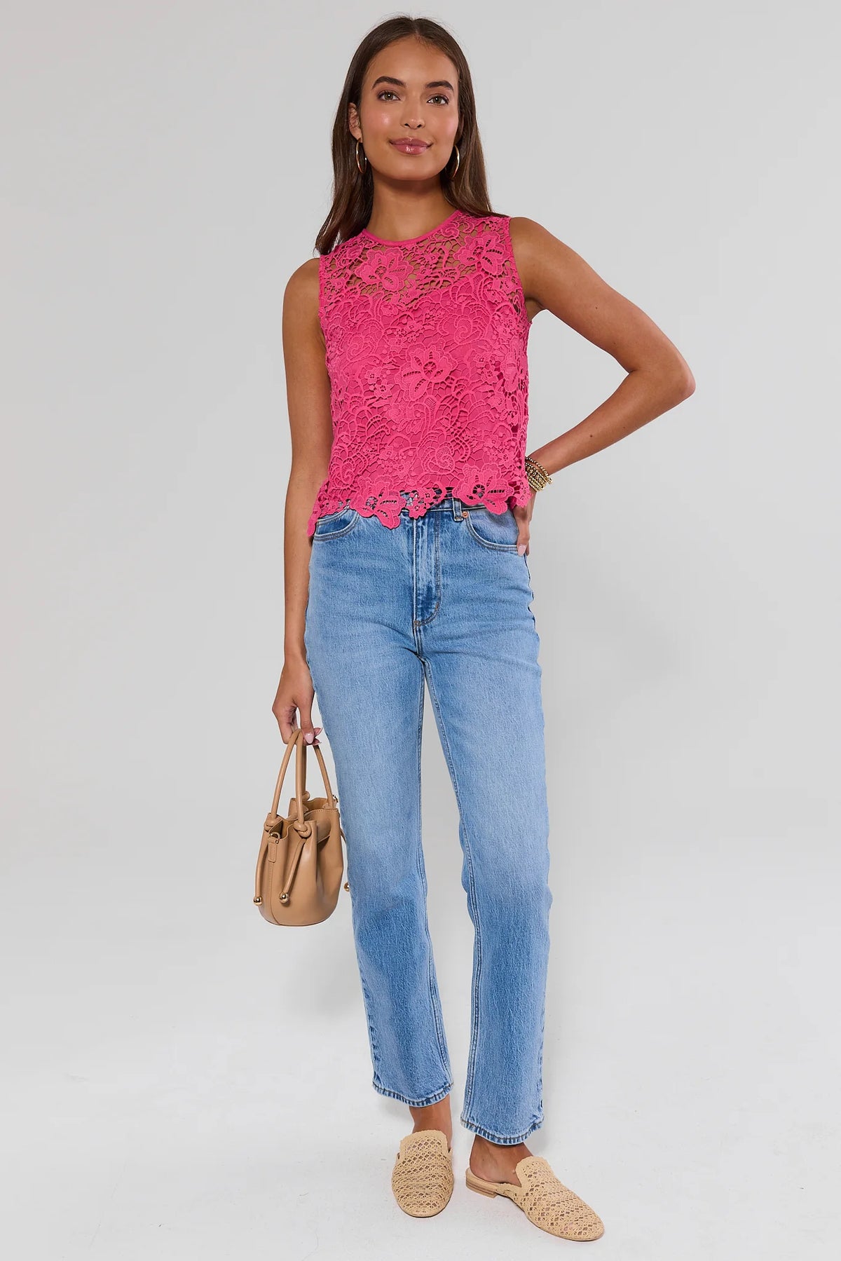 Pink Floral Overlay Tank Top styled with light wash jeans and tan mules - Full Length Front | Avara