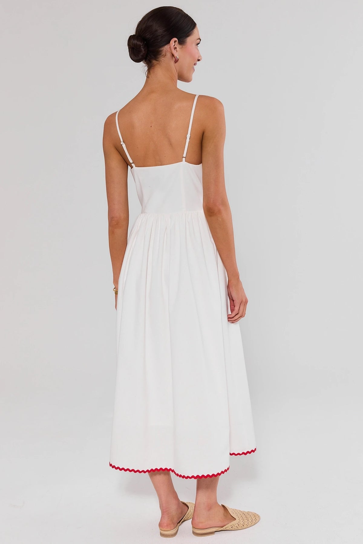 White contrast trim midi dress with red ric-rac hem - Back View On Model | Avara