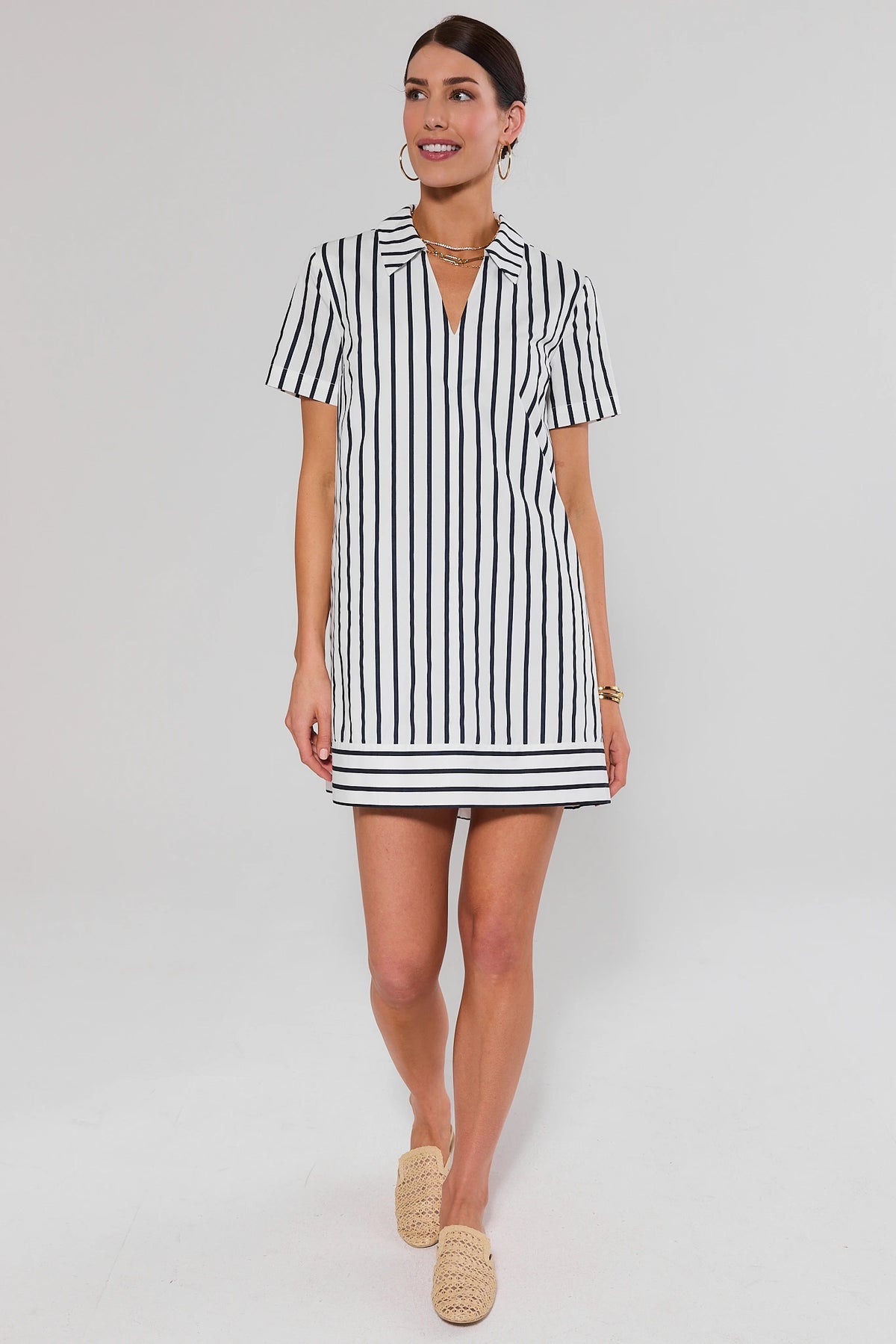 White Navy Stripe Collared Short Dress - Full Length Front, Styled with Mules | Avara