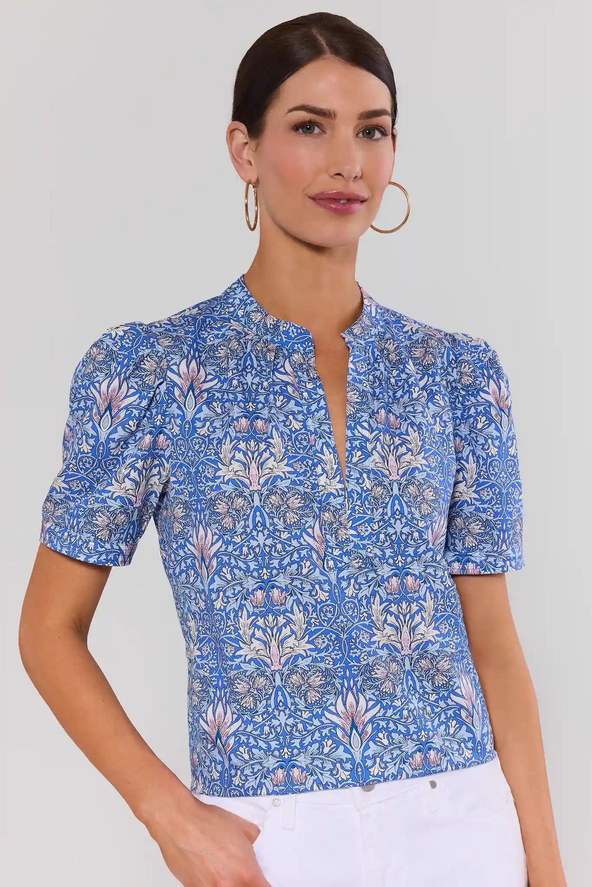 Blue Printed Split Neck Top with short puff sleeves, on model front view - cute top for women | Avara
