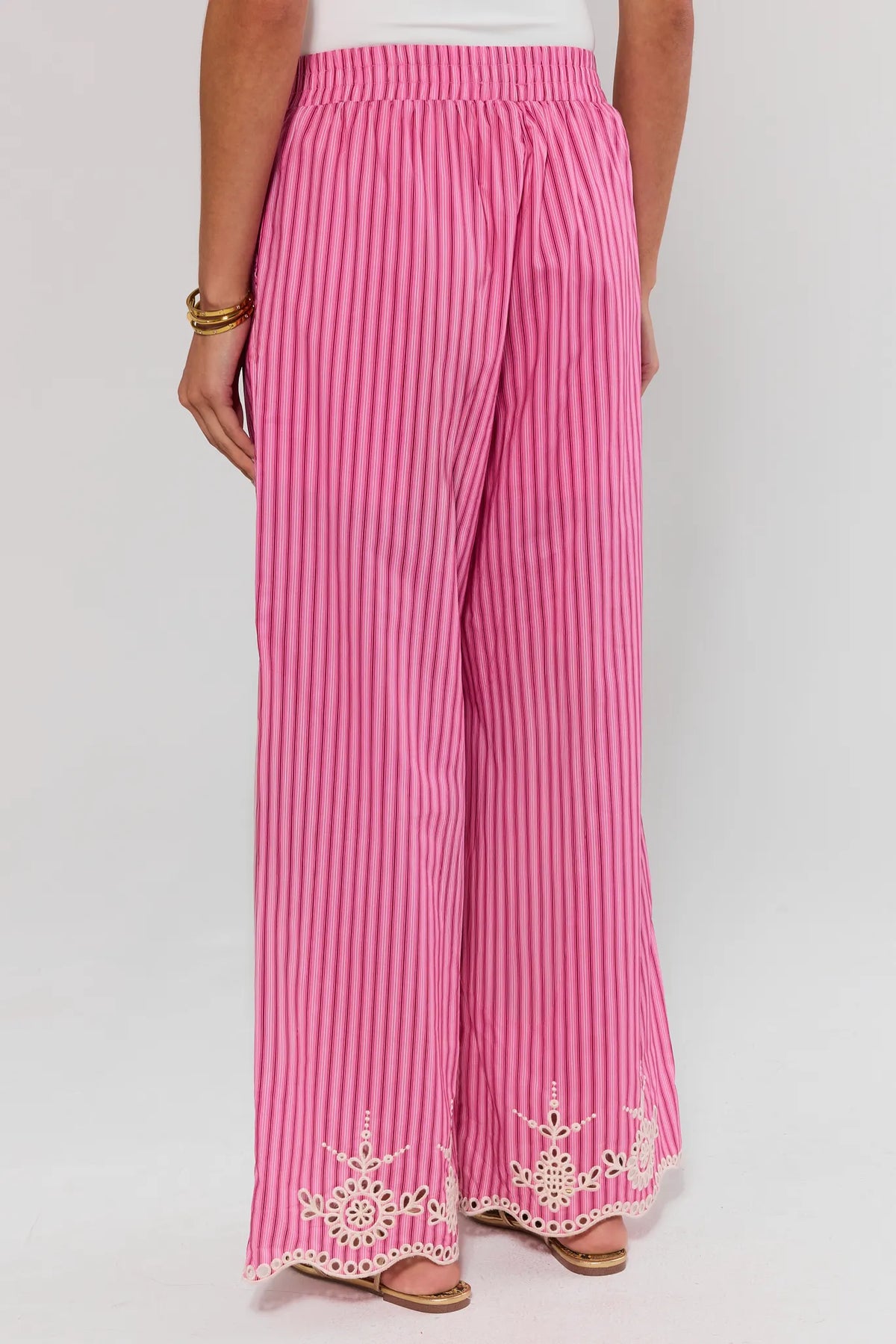 Pink Striped Eyelet Pants with scalloped eyelet hem - Back View On Model | Avara